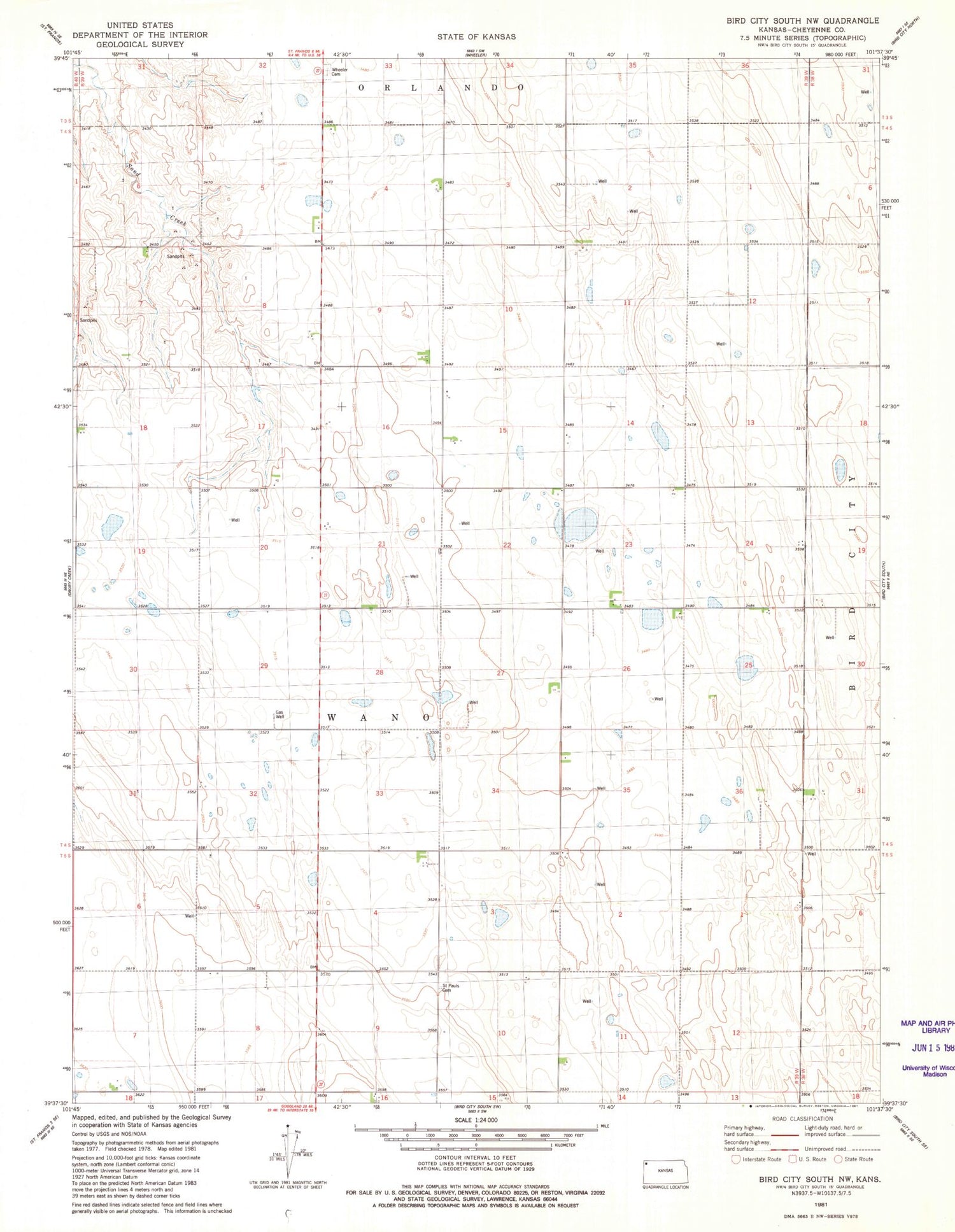 Classic USGS Bird City South NW Kansas 7.5'x7.5' Topo Map Image