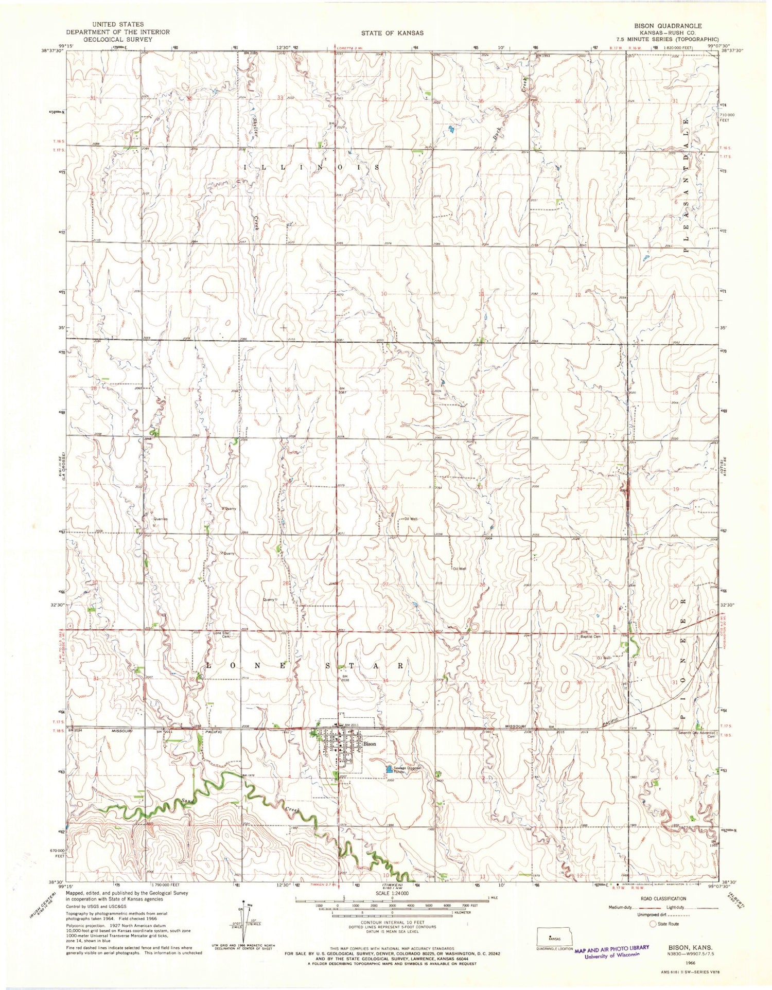 Classic USGS Bison Kansas 7.5'x7.5' Topo Map Image