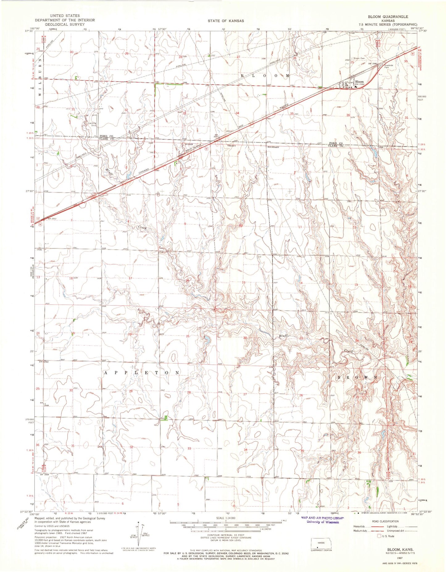 Classic USGS Bloom Kansas 7.5'x7.5' Topo Map Image