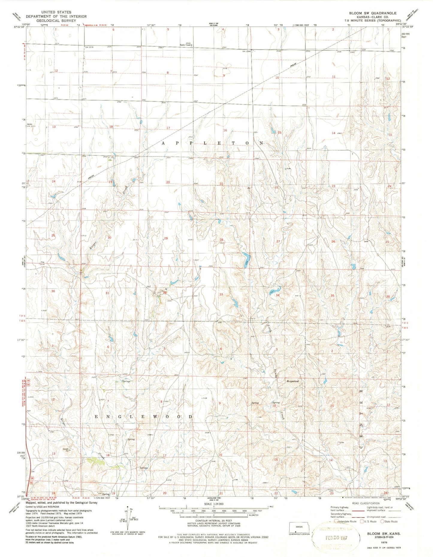 Classic USGS Bloom SW Kansas 7.5'x7.5' Topo Map Image