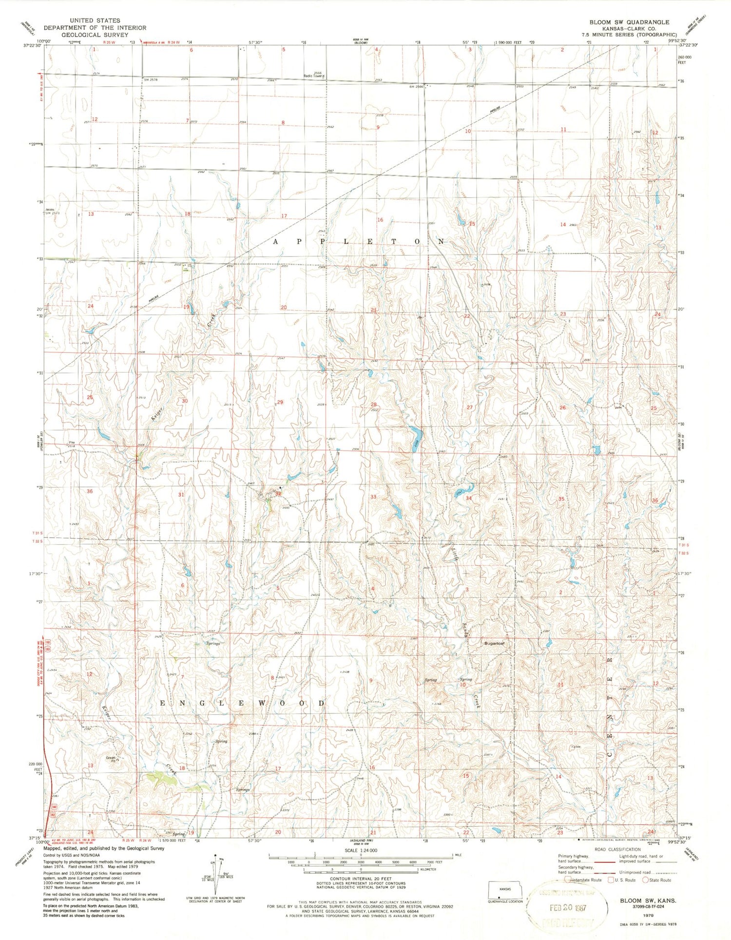 Classic USGS Bloom SW Kansas 7.5'x7.5' Topo Map Image