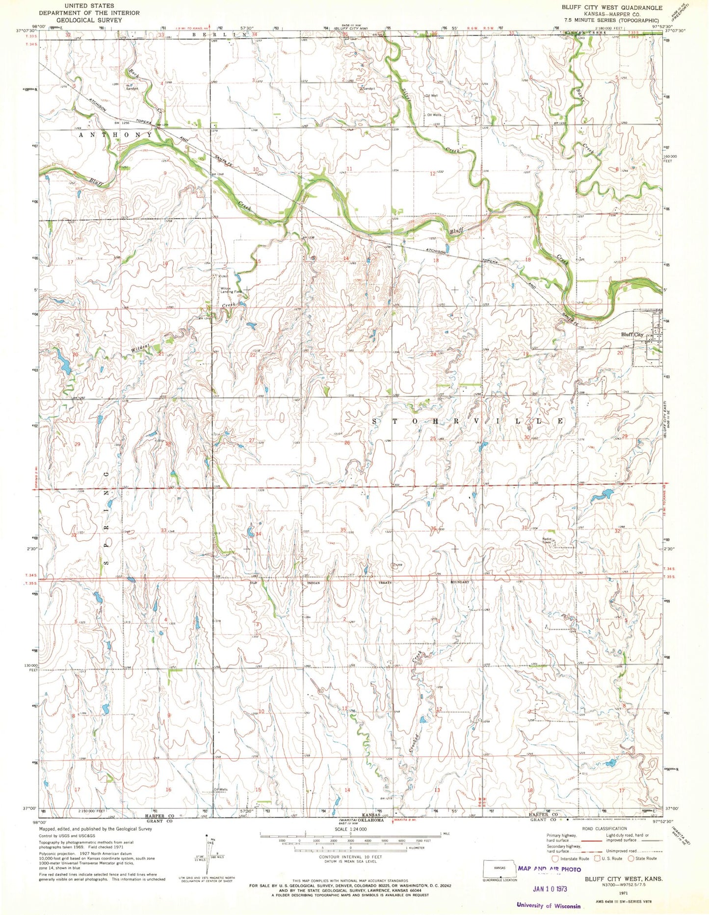 Classic USGS Bluff City West Kansas 7.5'x7.5' Topo Map Image