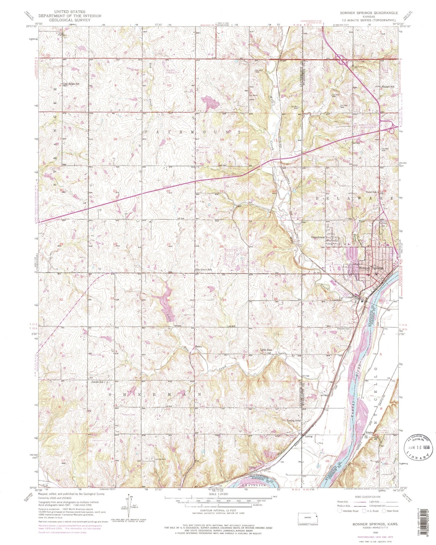 Classic USGS Bonner Springs Kansas 7.5'x7.5' Topo Map Image