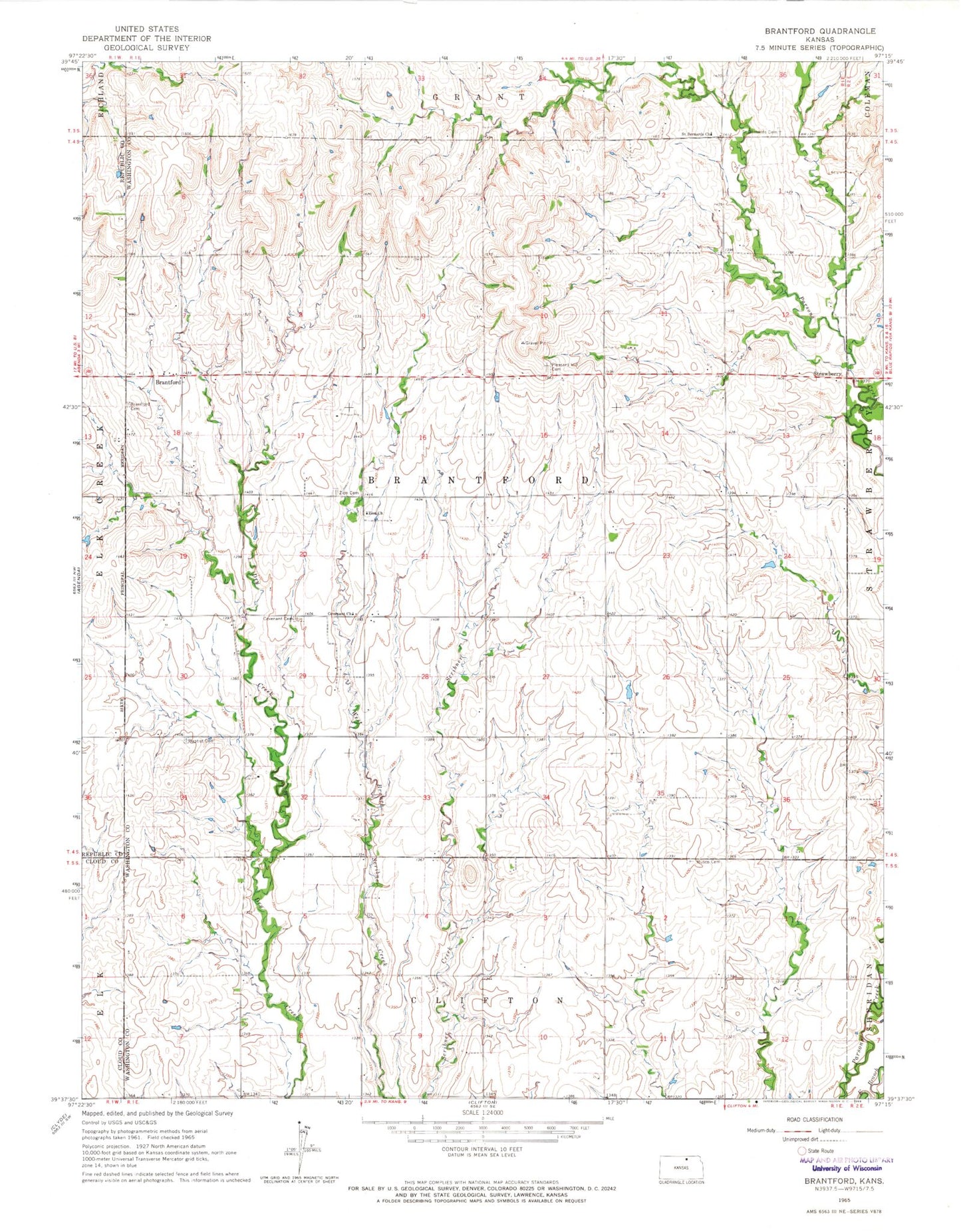 Classic USGS Brantford Kansas 7.5'x7.5' Topo Map Image