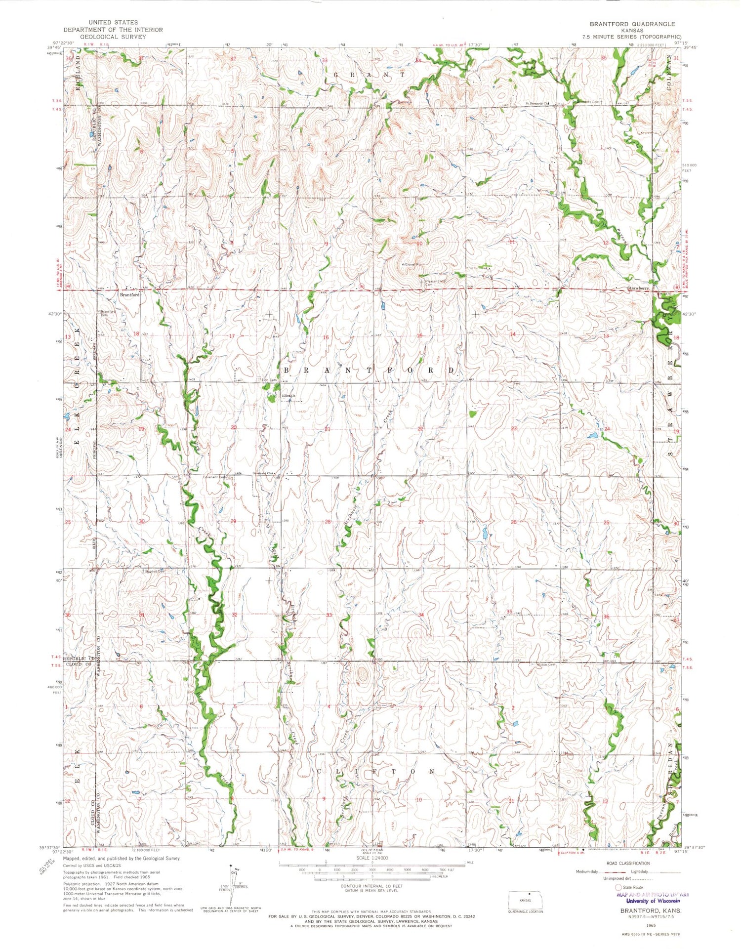Classic USGS Brantford Kansas 7.5'x7.5' Topo Map Image