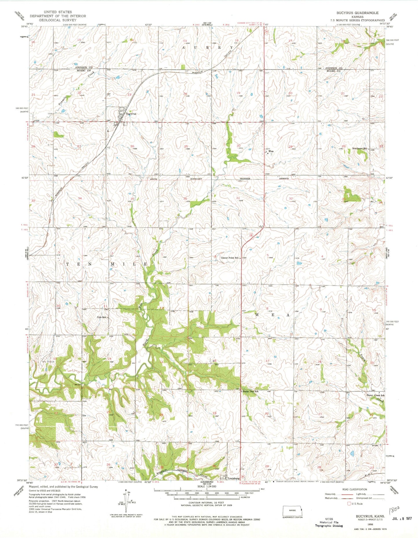 Classic USGS Bucyrus Kansas 7.5'x7.5' Topo Map Image
