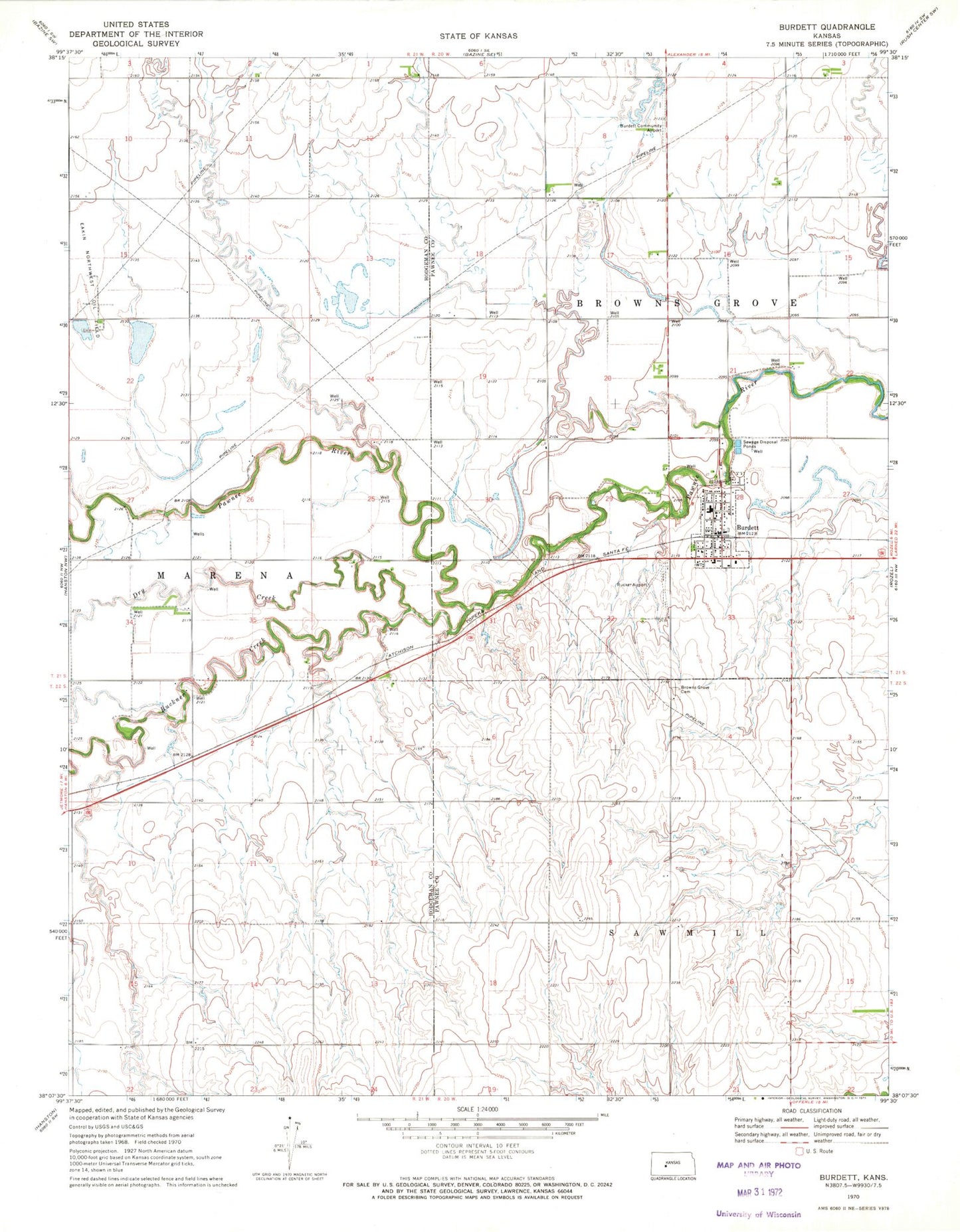 Classic USGS Burdett Kansas 7.5'x7.5' Topo Map Image