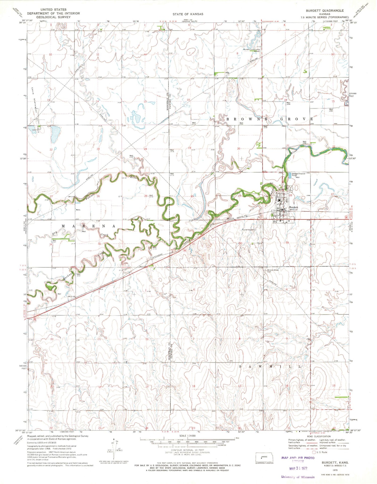 Classic USGS Burdett Kansas 7.5'x7.5' Topo Map Image