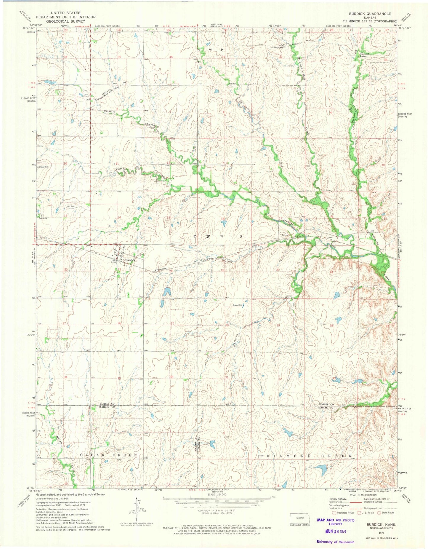 Classic USGS Burdick Kansas 7.5'x7.5' Topo Map Image