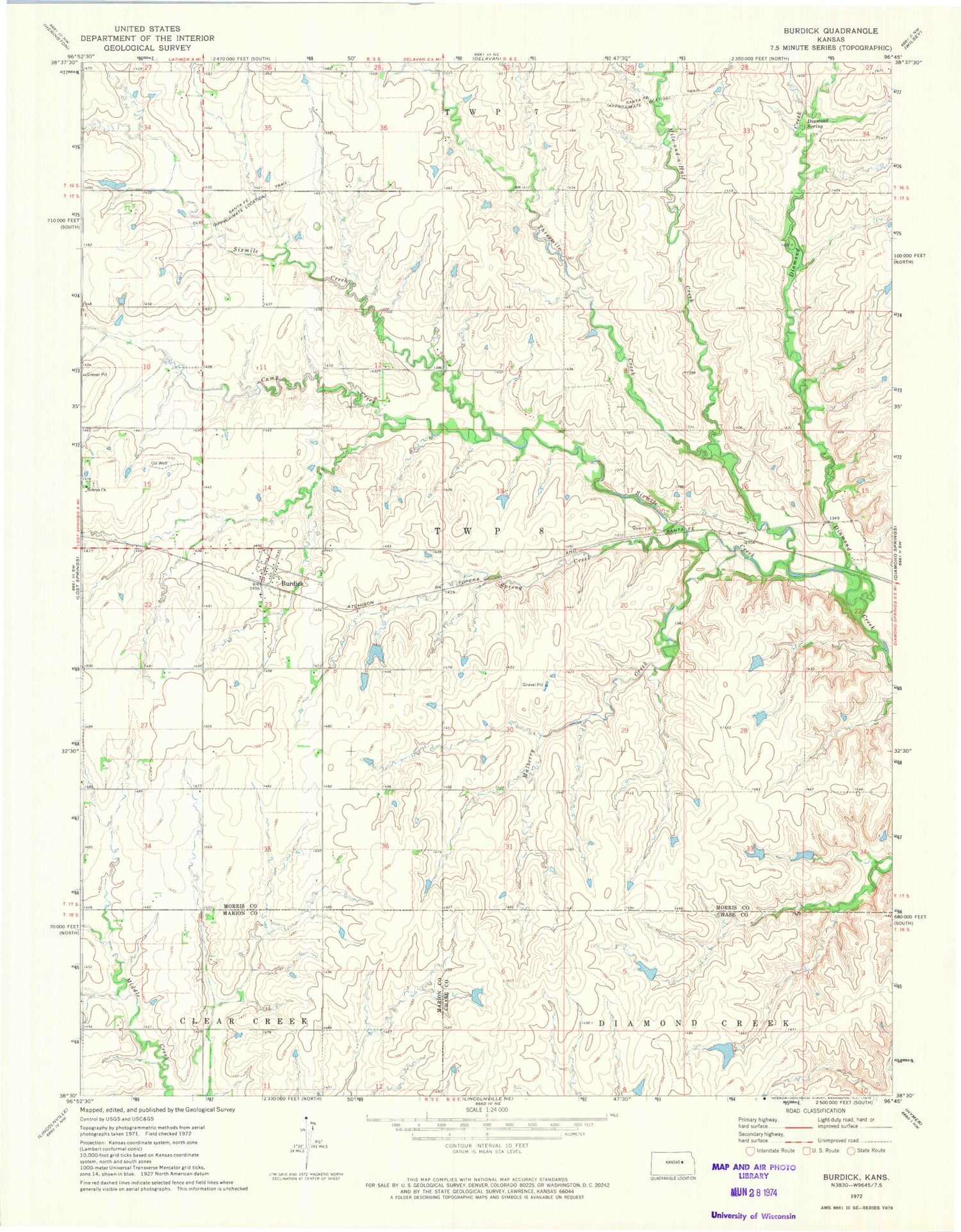 Classic USGS Burdick Kansas 7.5'x7.5' Topo Map Image
