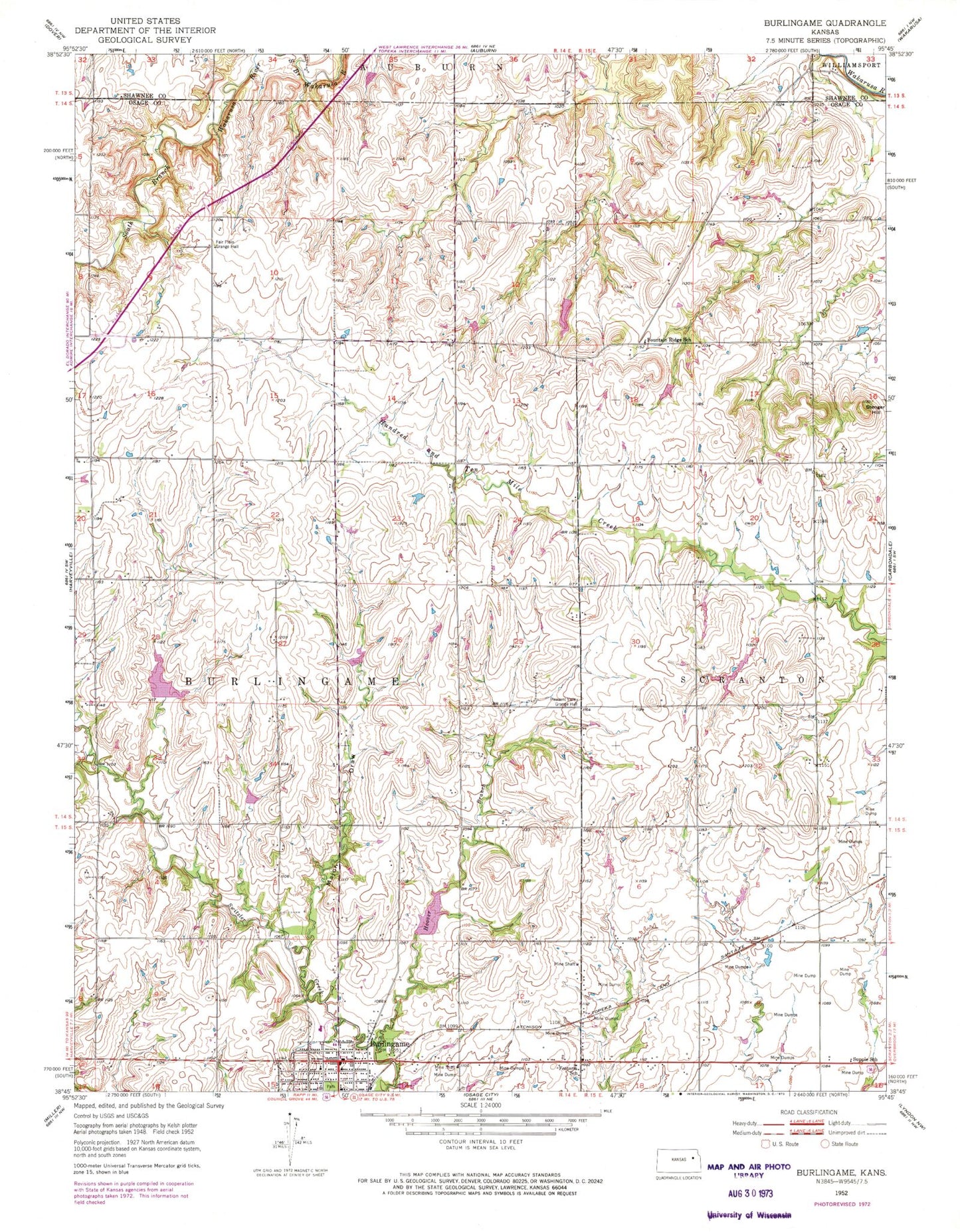 Classic USGS Burlingame Kansas 7.5'x7.5' Topo Map Image