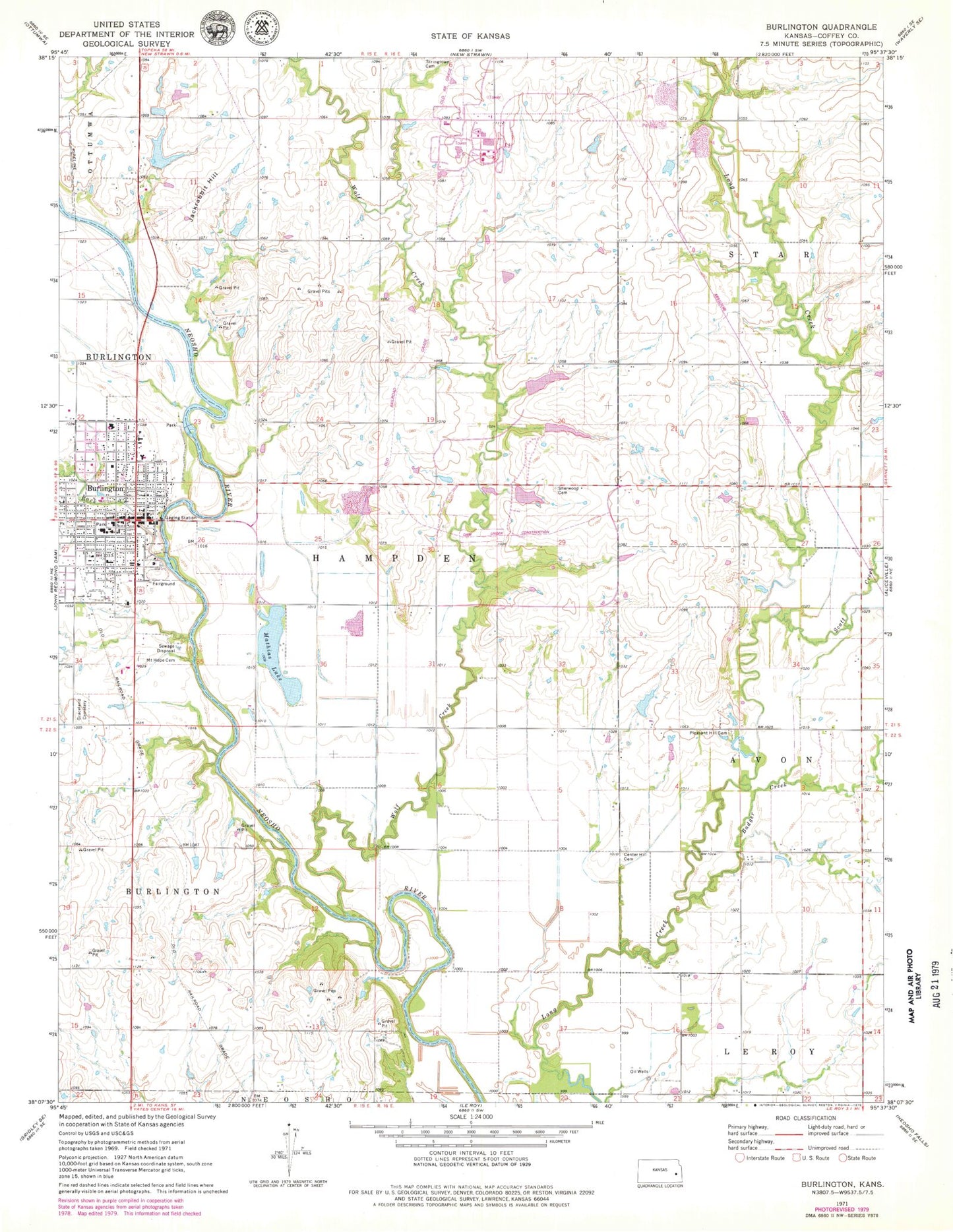 Classic USGS Burlington Kansas 7.5'x7.5' Topo Map Image