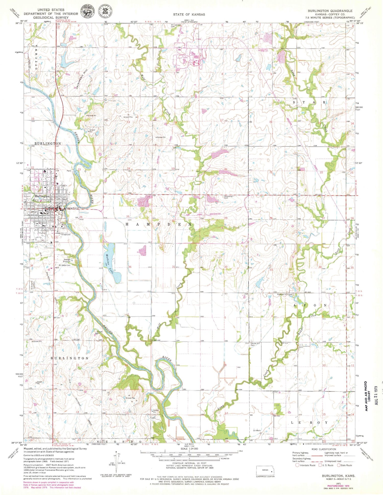 Classic USGS Burlington Kansas 7.5'x7.5' Topo Map Image