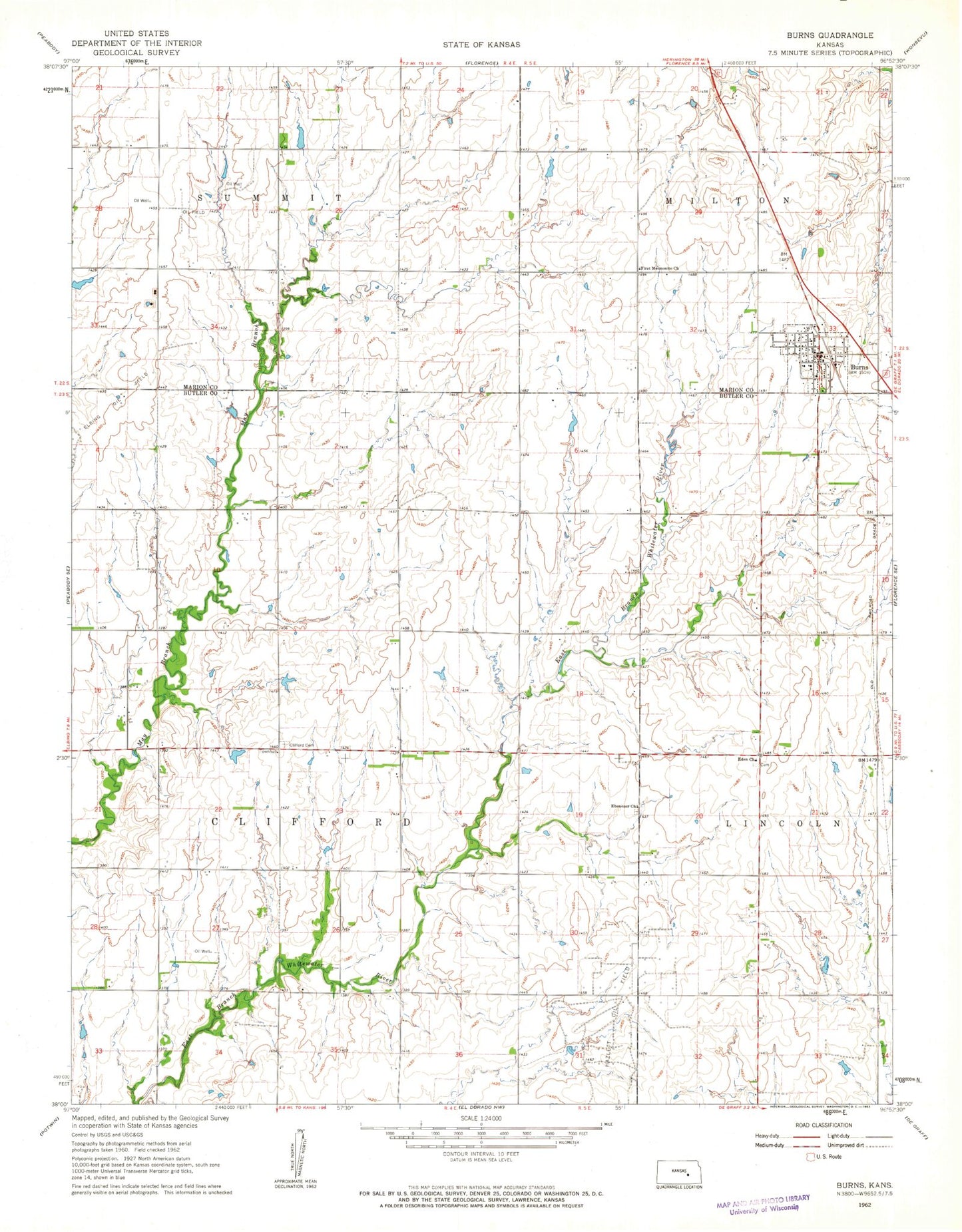 Classic USGS Burns Kansas 7.5'x7.5' Topo Map Image