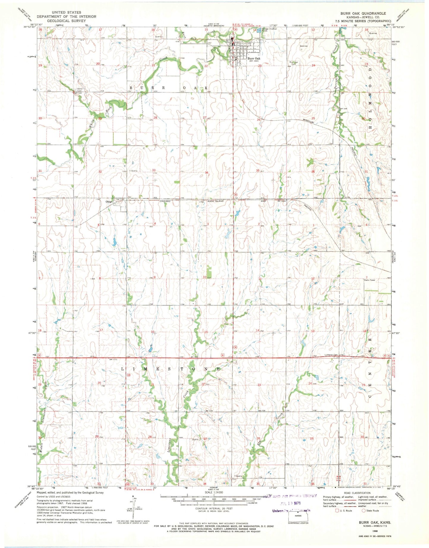Classic USGS Burr Oak Kansas 7.5'x7.5' Topo Map Image