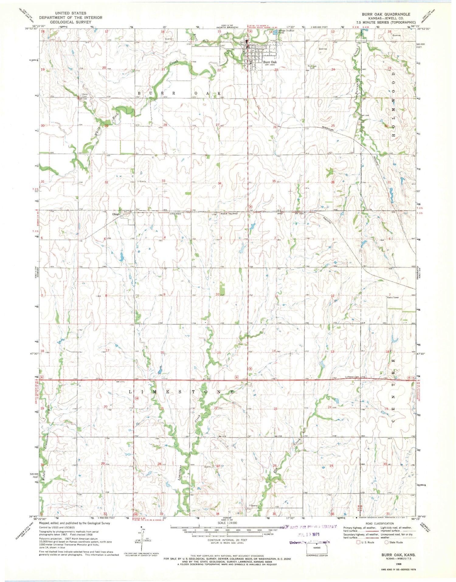 Classic USGS Burr Oak Kansas 7.5'x7.5' Topo Map Image