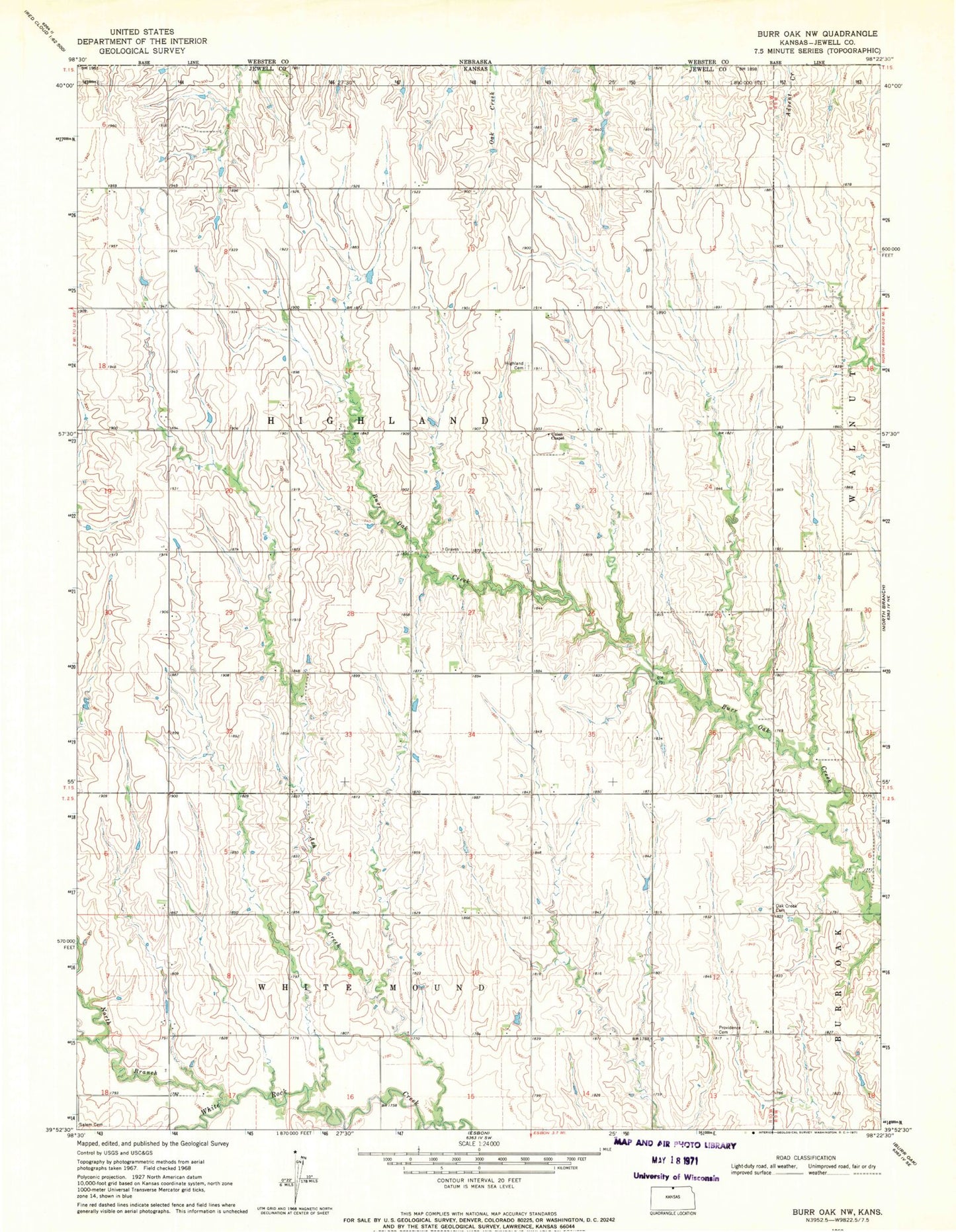 Classic USGS Burr Oak NW Kansas 7.5'x7.5' Topo Map Image