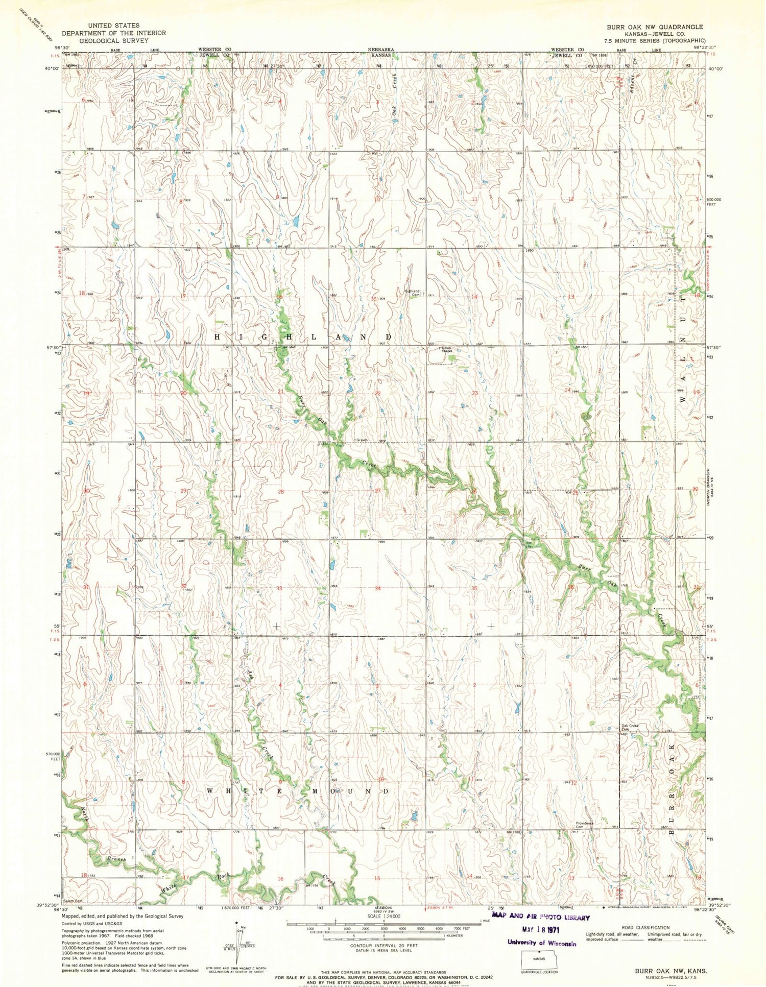 Classic USGS Burr Oak NW Kansas 7.5'x7.5' Topo Map Image