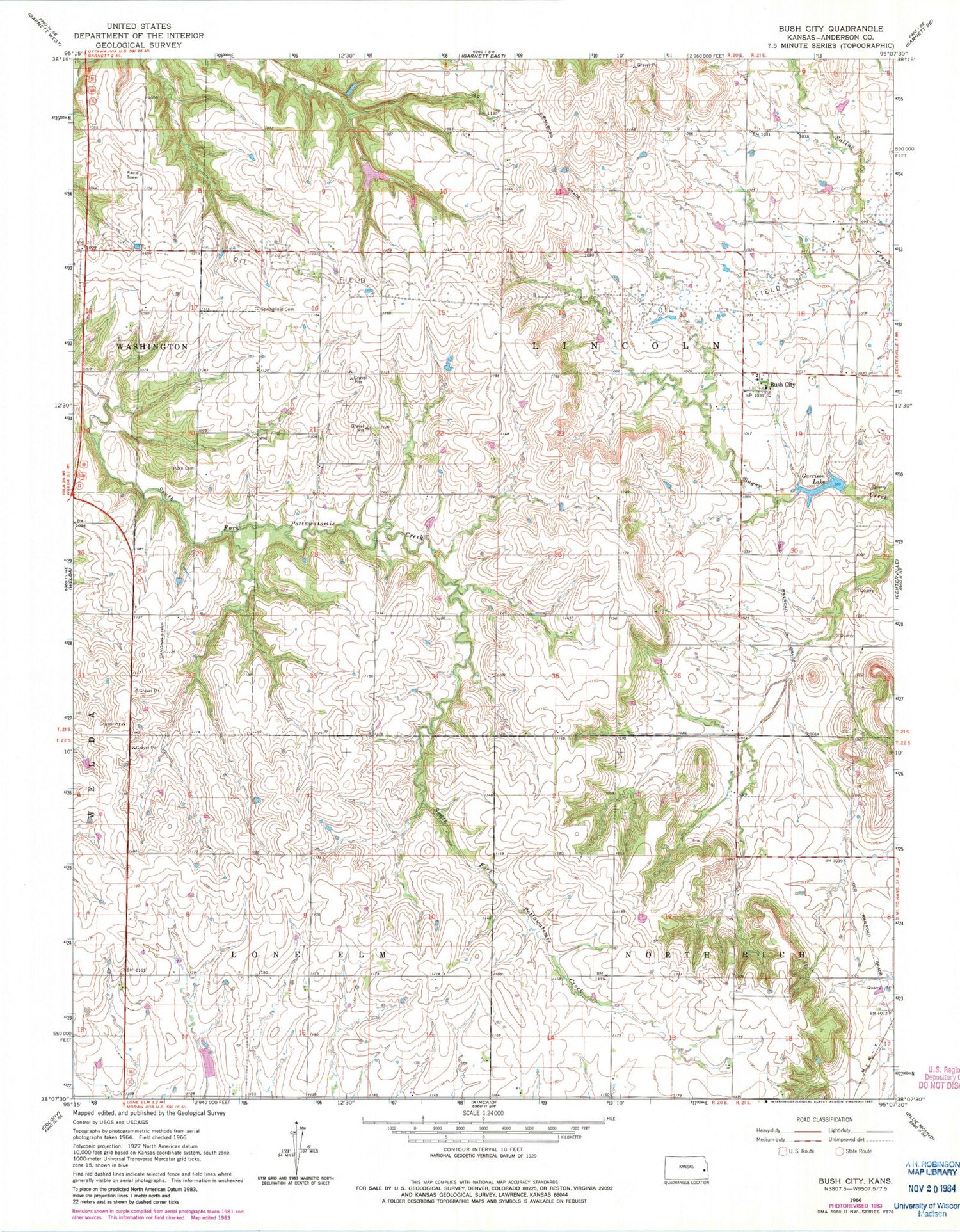 Classic USGS Bush City Kansas 7.5'x7.5' Topo Map Image