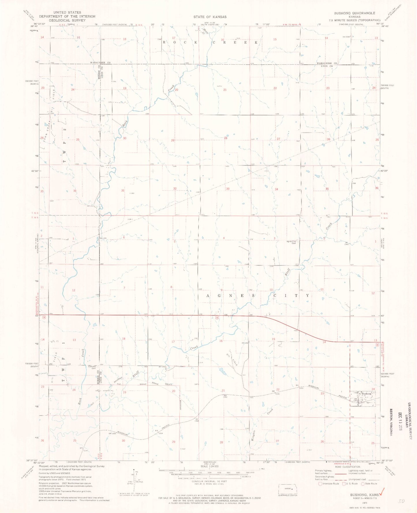 Classic USGS Bushong Kansas 7.5'x7.5' Topo Map Image
