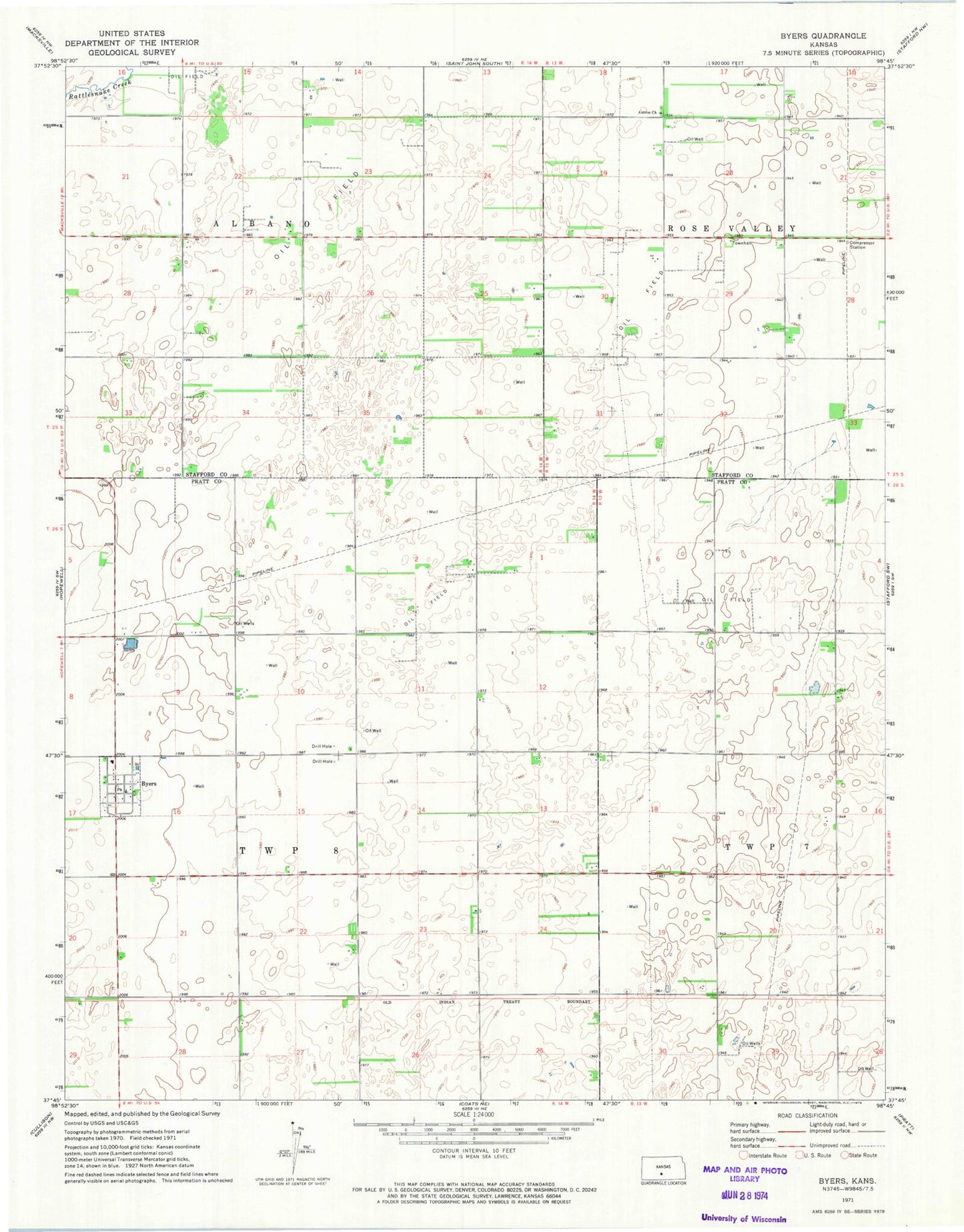 Classic USGS Byers Kansas 7.5'x7.5' Topo Map Image