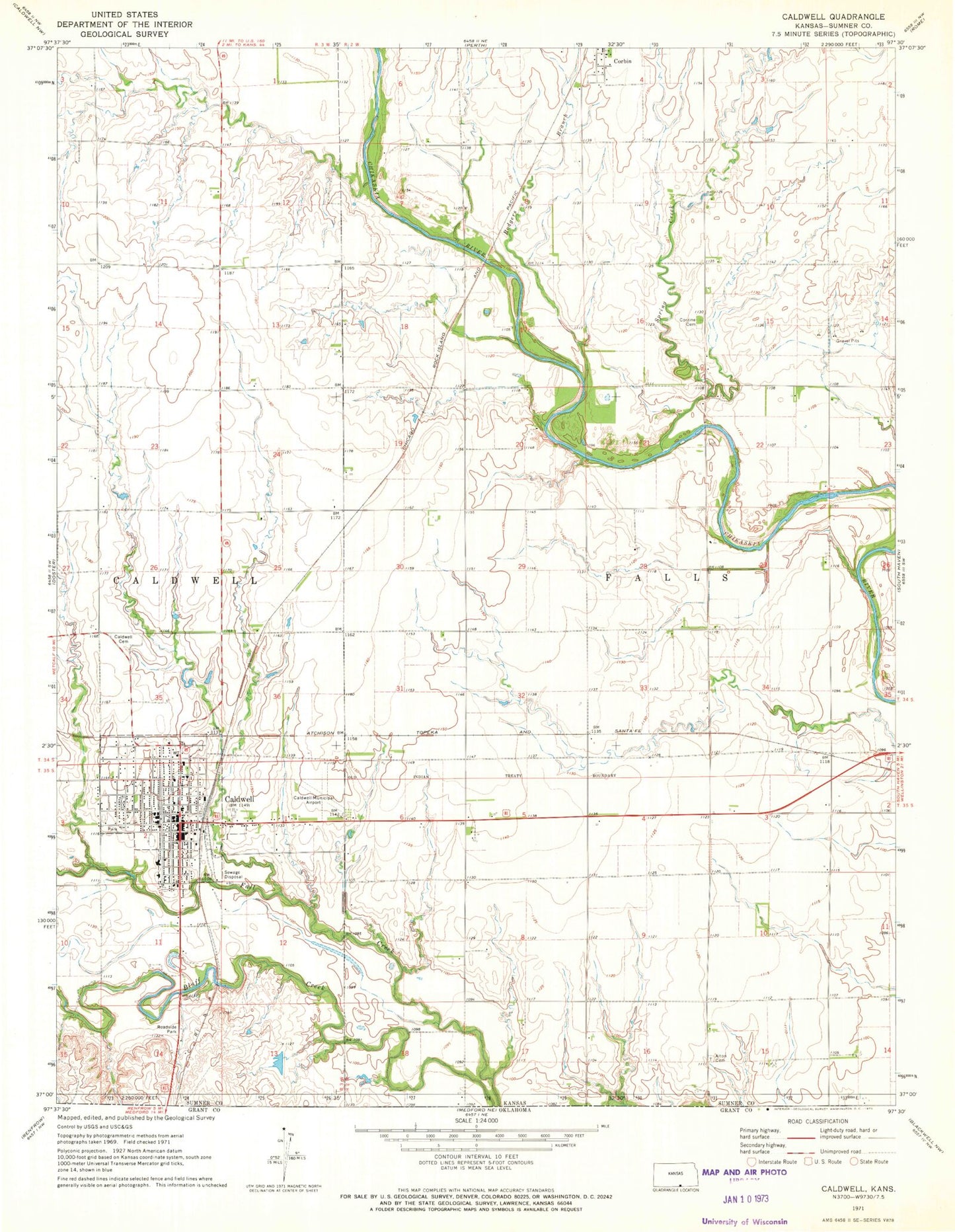 Classic USGS Caldwell Kansas 7.5'x7.5' Topo Map Image