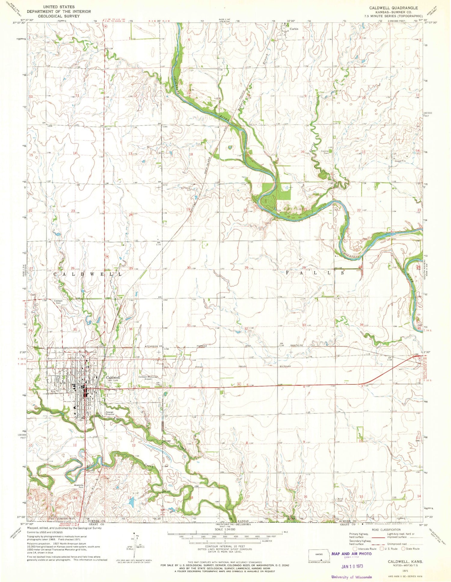 Classic USGS Caldwell Kansas 7.5'x7.5' Topo Map Image