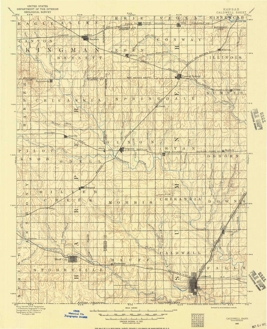 Historic 1889 Caldwell Kansas 30'x30' Topo Map Image