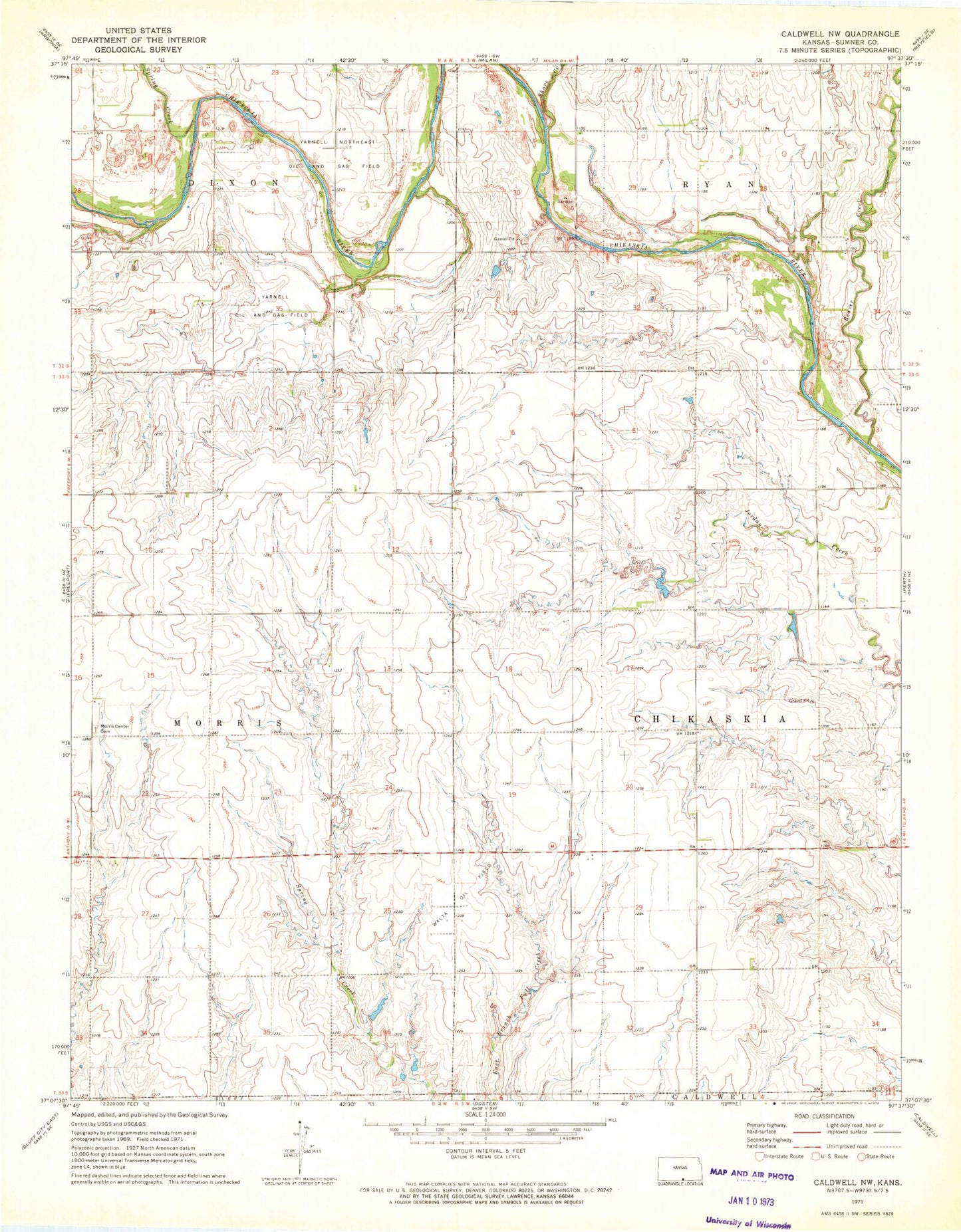Classic USGS Caldwell NW Kansas 7.5'x7.5' Topo Map Image