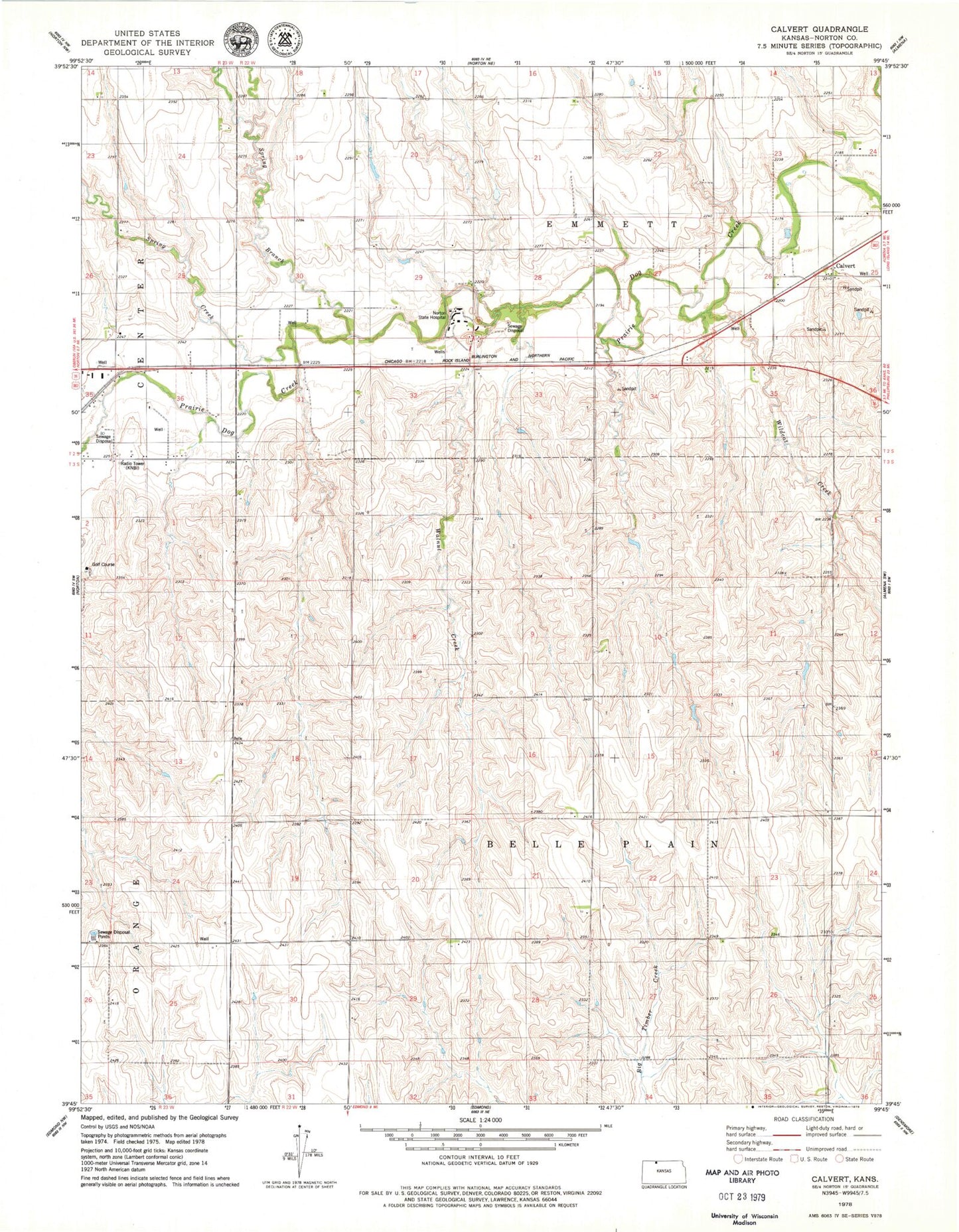Classic USGS Calvert Kansas 7.5'x7.5' Topo Map Image