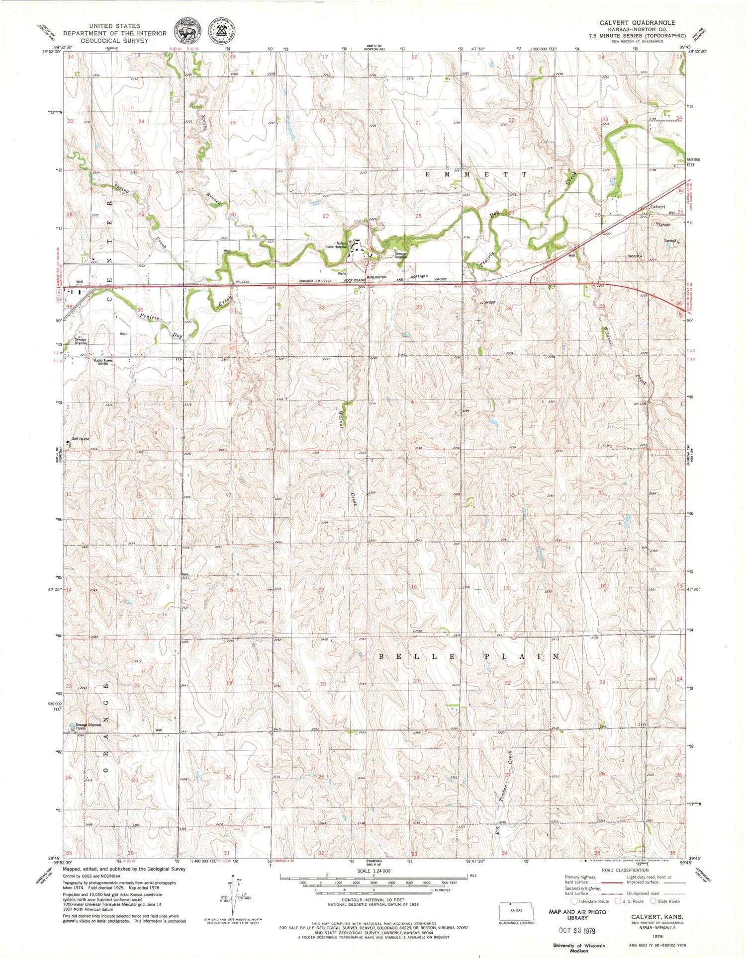 Classic USGS Calvert Kansas 7.5'x7.5' Topo Map Image