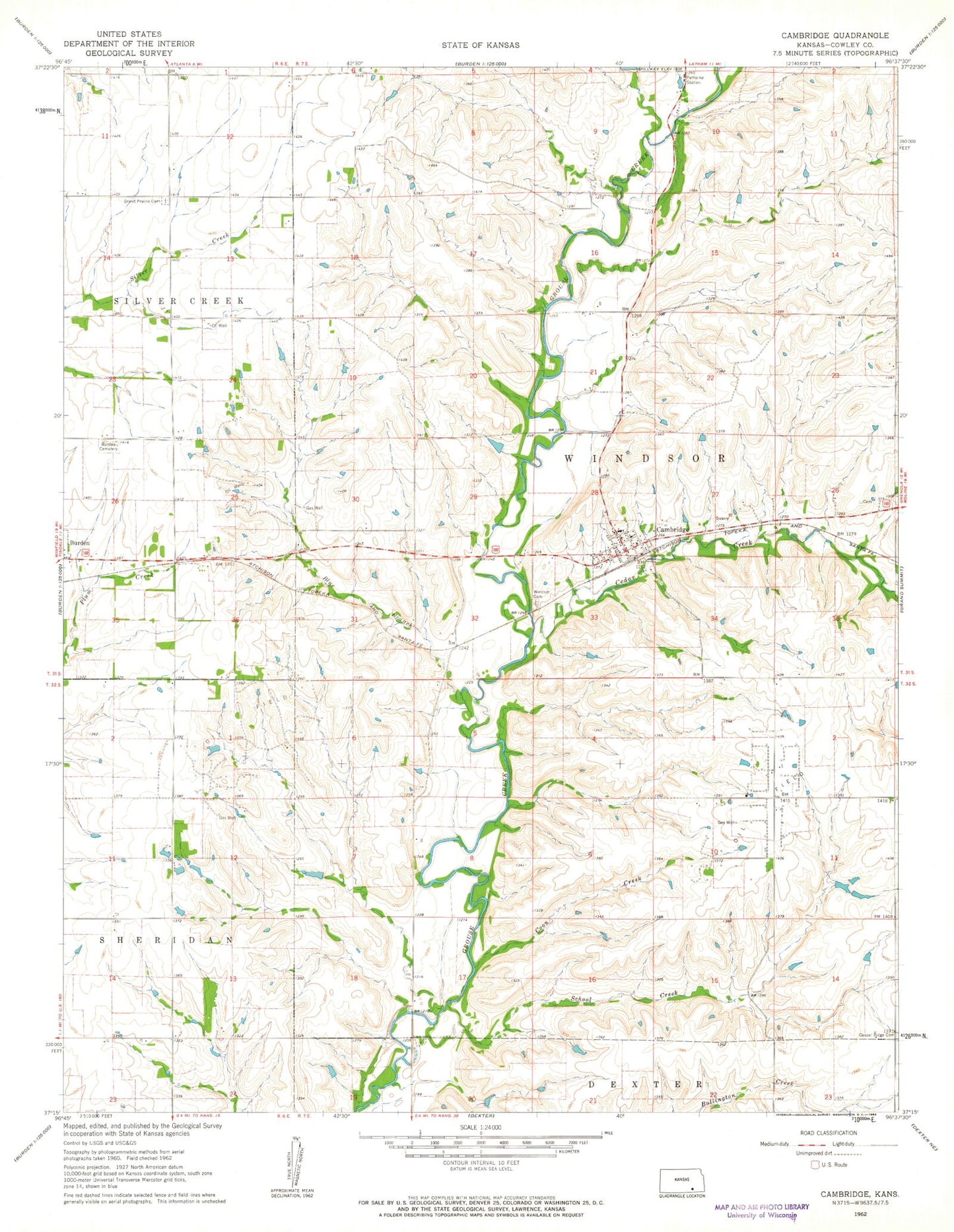 Classic USGS Cambridge Kansas 7.5'x7.5' Topo Map Image