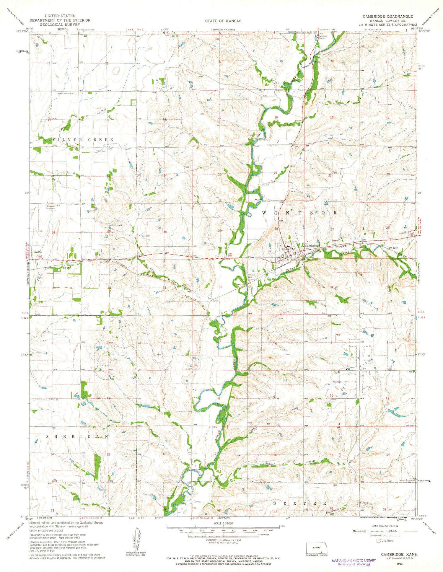 Classic USGS Cambridge Kansas 7.5'x7.5' Topo Map Image