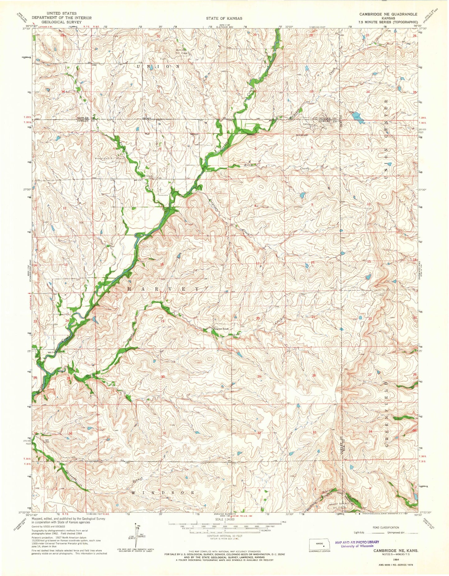 Classic USGS Cambridge NE Kansas 7.5'x7.5' Topo Map Image