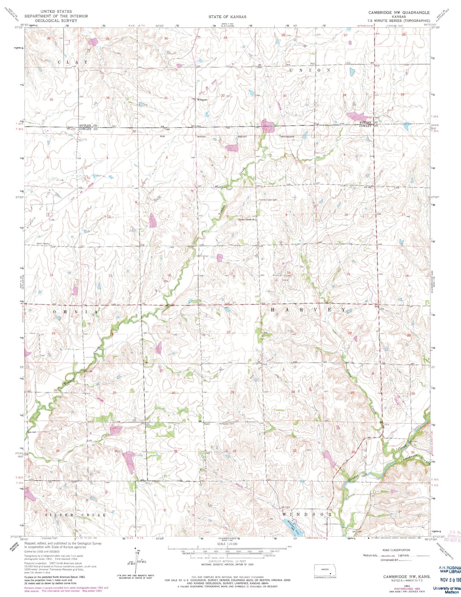 Classic USGS Cambridge NW Kansas 7.5'x7.5' Topo Map Image