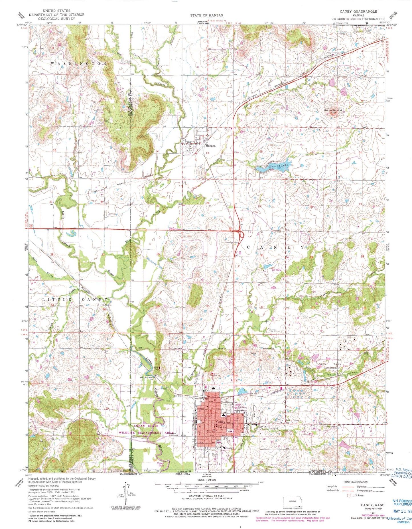 Classic USGS Caney Kansas 7.5'x7.5' Topo Map Image