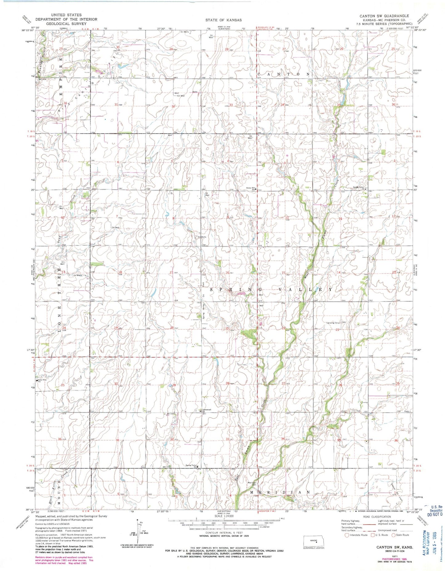 Classic USGS Canton SW Kansas 7.5'x7.5' Topo Map Image