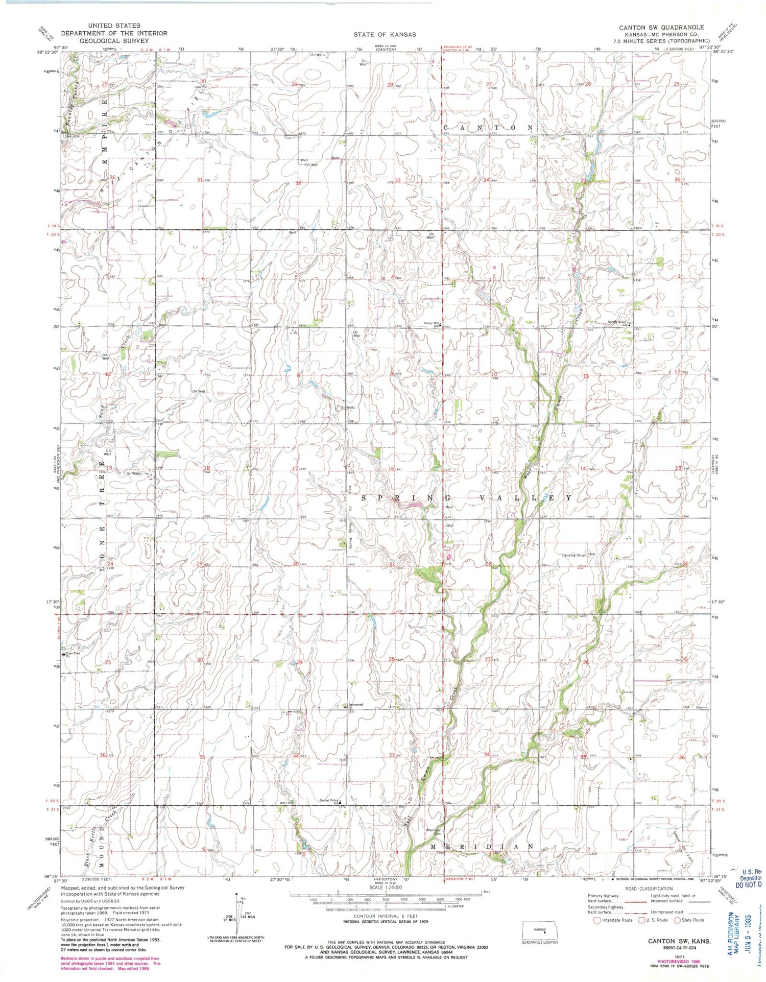 Classic USGS Canton SW Kansas 7.5'x7.5' Topo Map Image