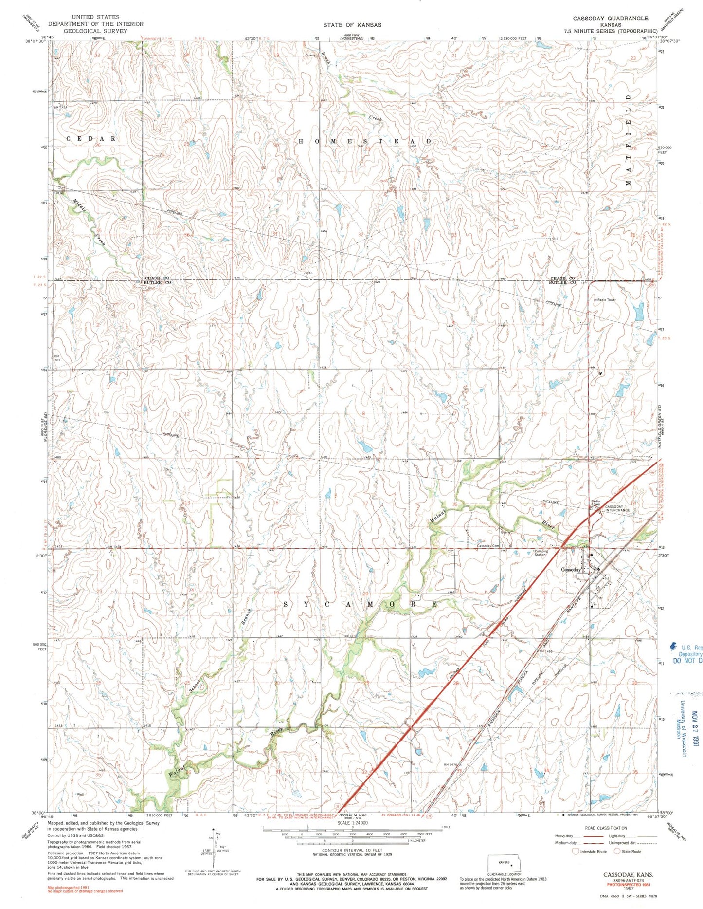 Classic USGS Cassoday Kansas 7.5'x7.5' Topo Map Image