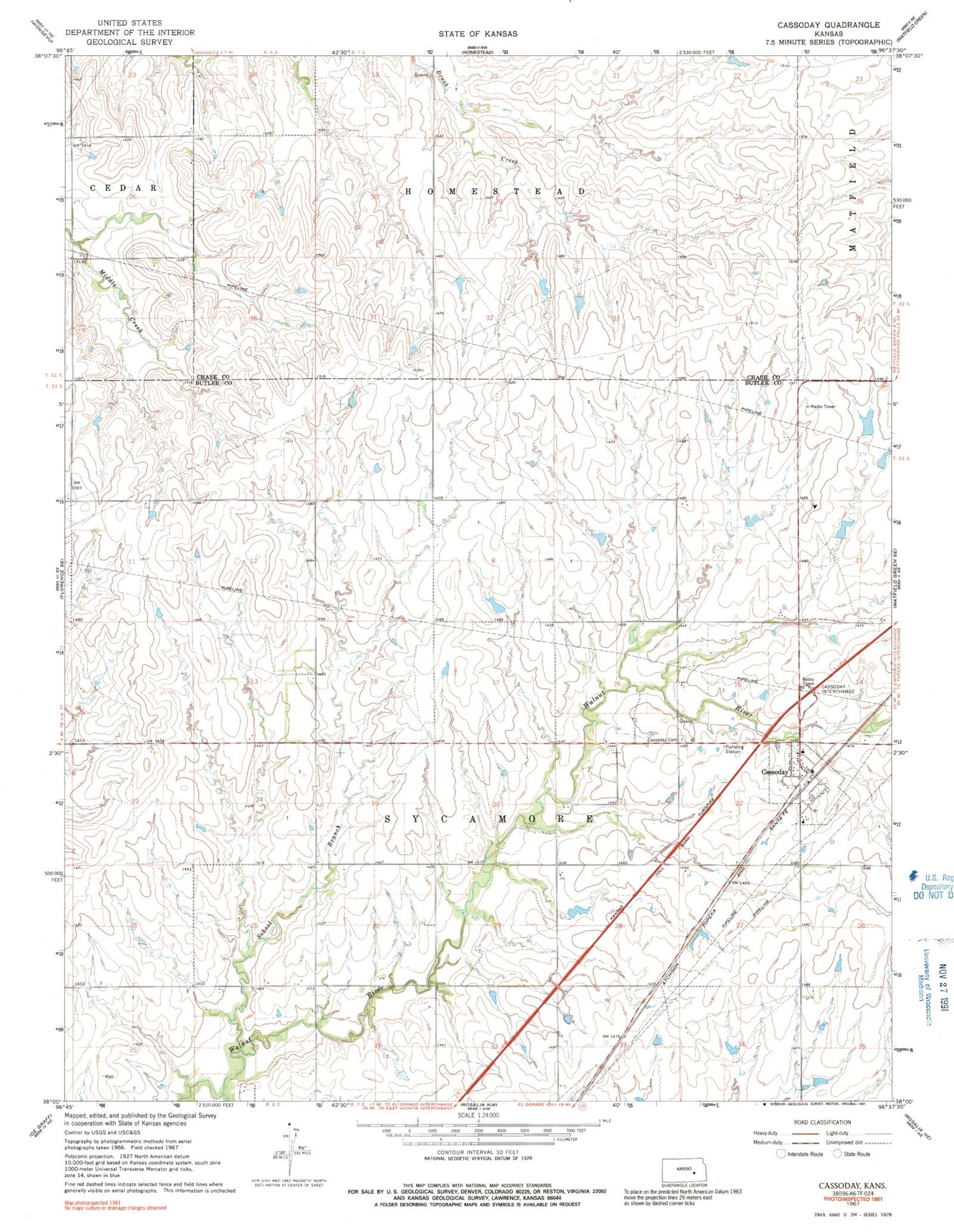 Classic USGS Cassoday Kansas 7.5'x7.5' Topo Map Image
