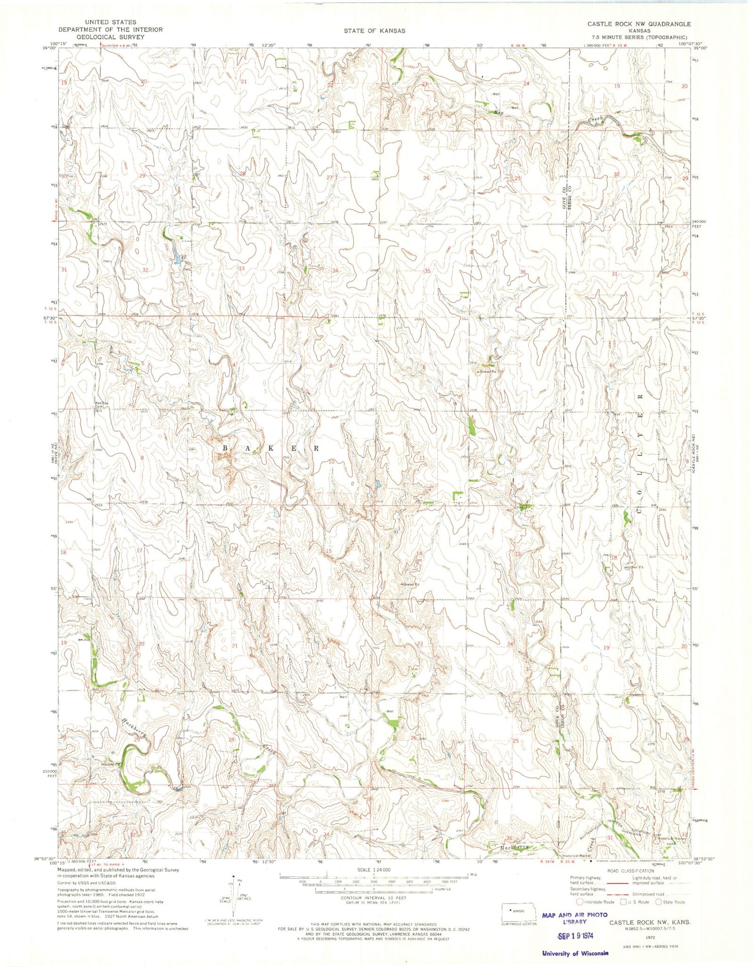 Classic USGS Castle Rock NW Kansas 7.5'x7.5' Topo Map Image