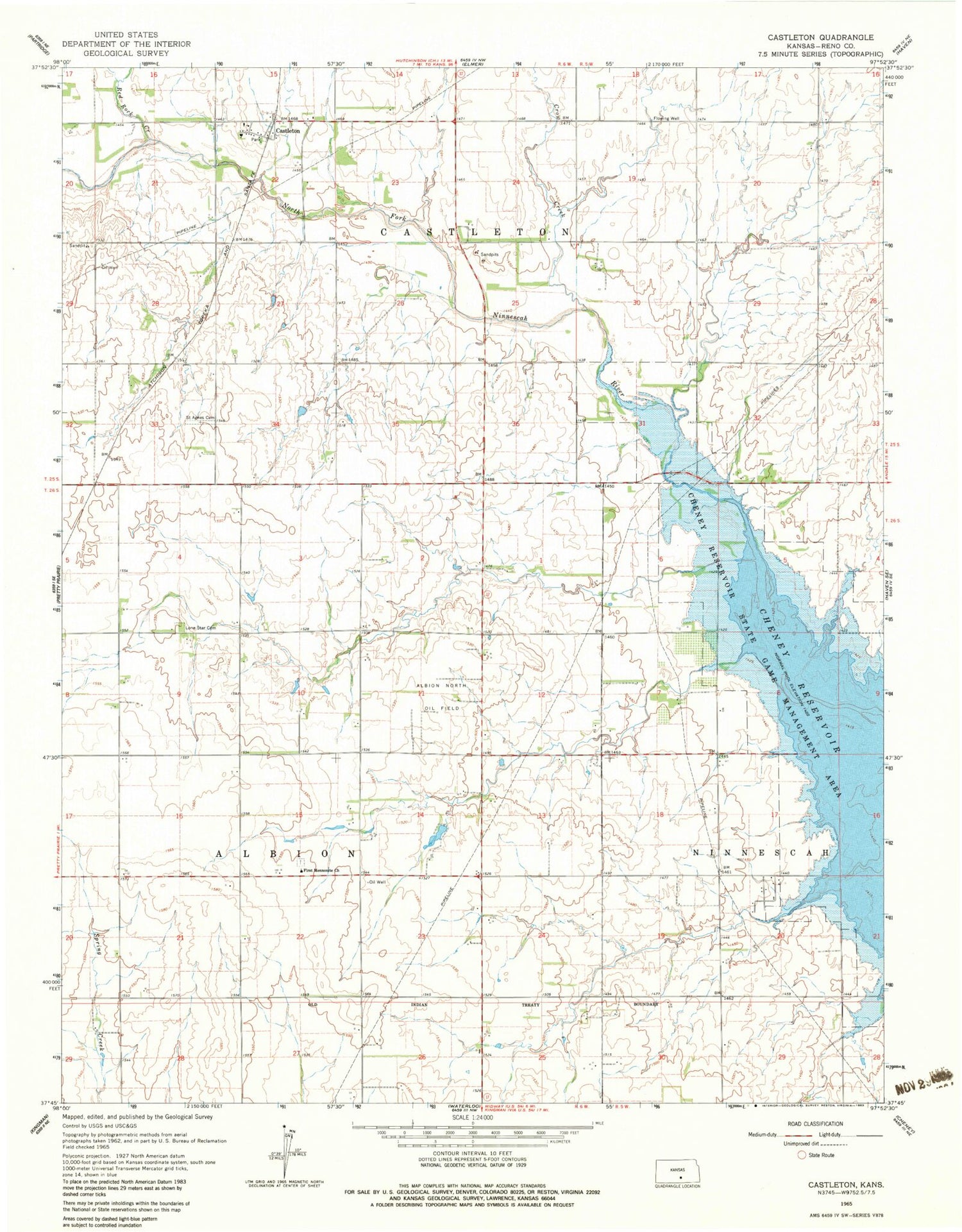 Classic USGS Castleton Kansas 7.5'x7.5' Topo Map Image