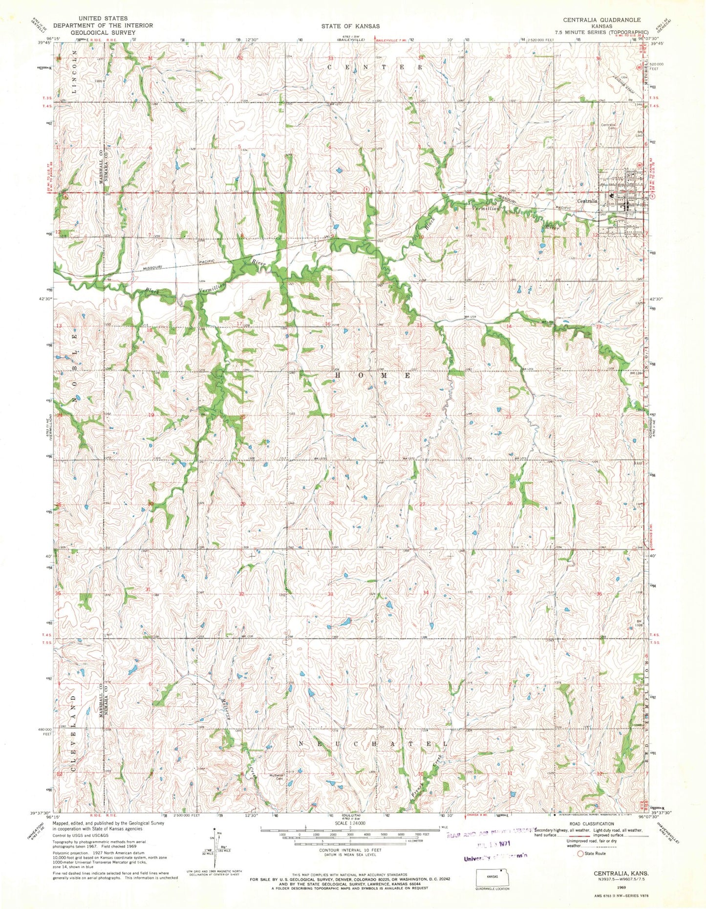 Classic USGS Centralia Kansas 7.5'x7.5' Topo Map Image