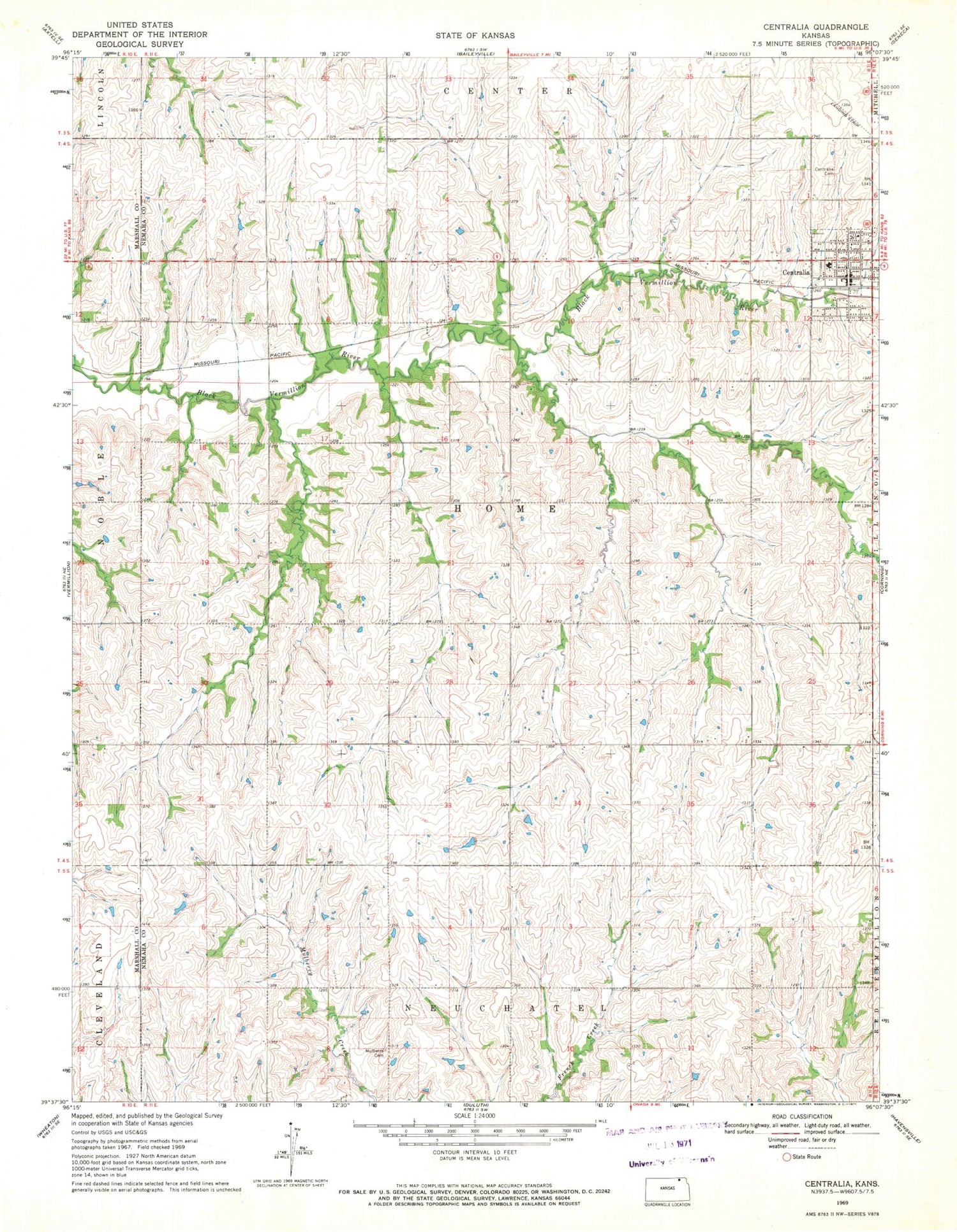 Classic USGS Centralia Kansas 7.5'x7.5' Topo Map Image