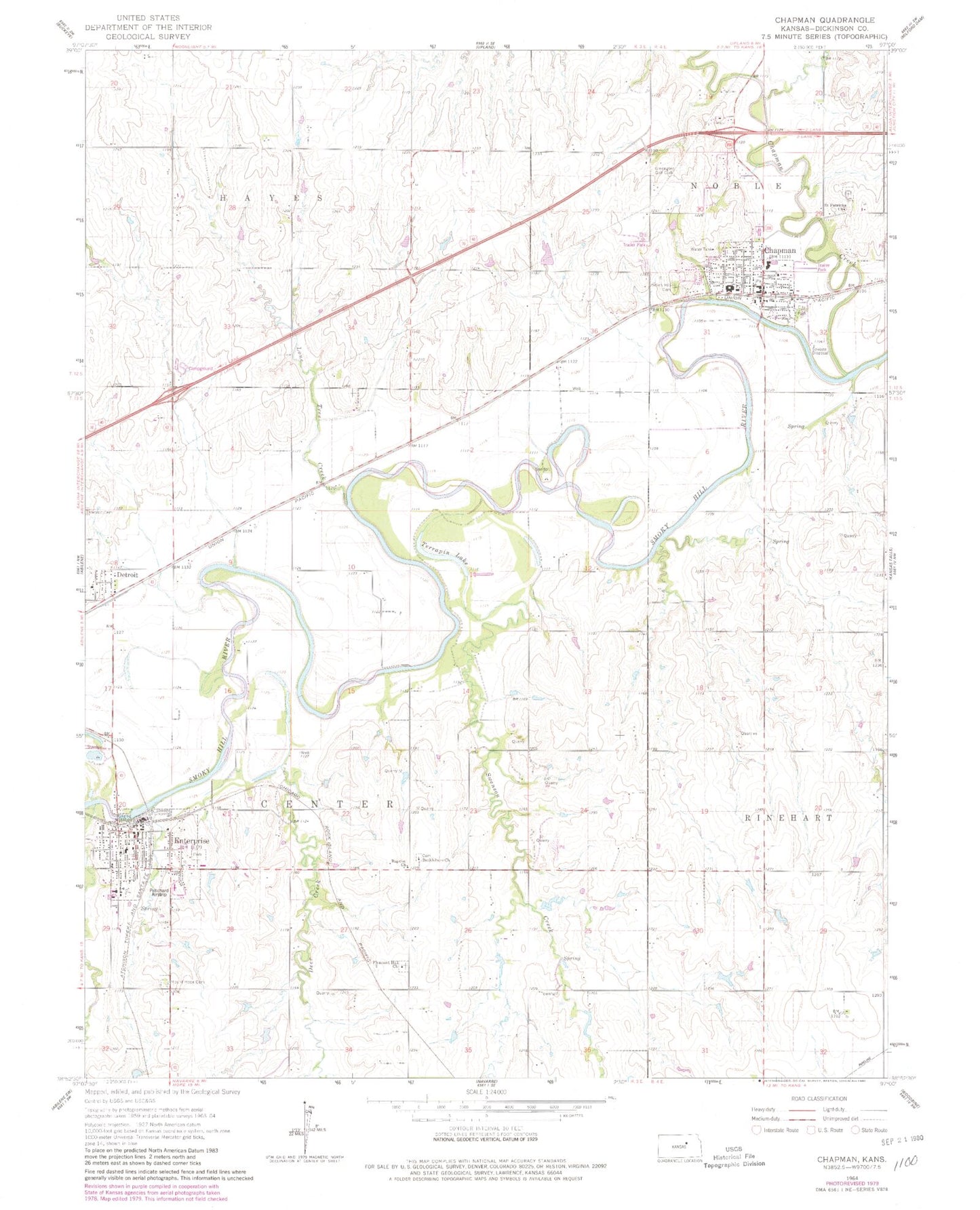 Classic USGS Chapman Kansas 7.5'x7.5' Topo Map Image