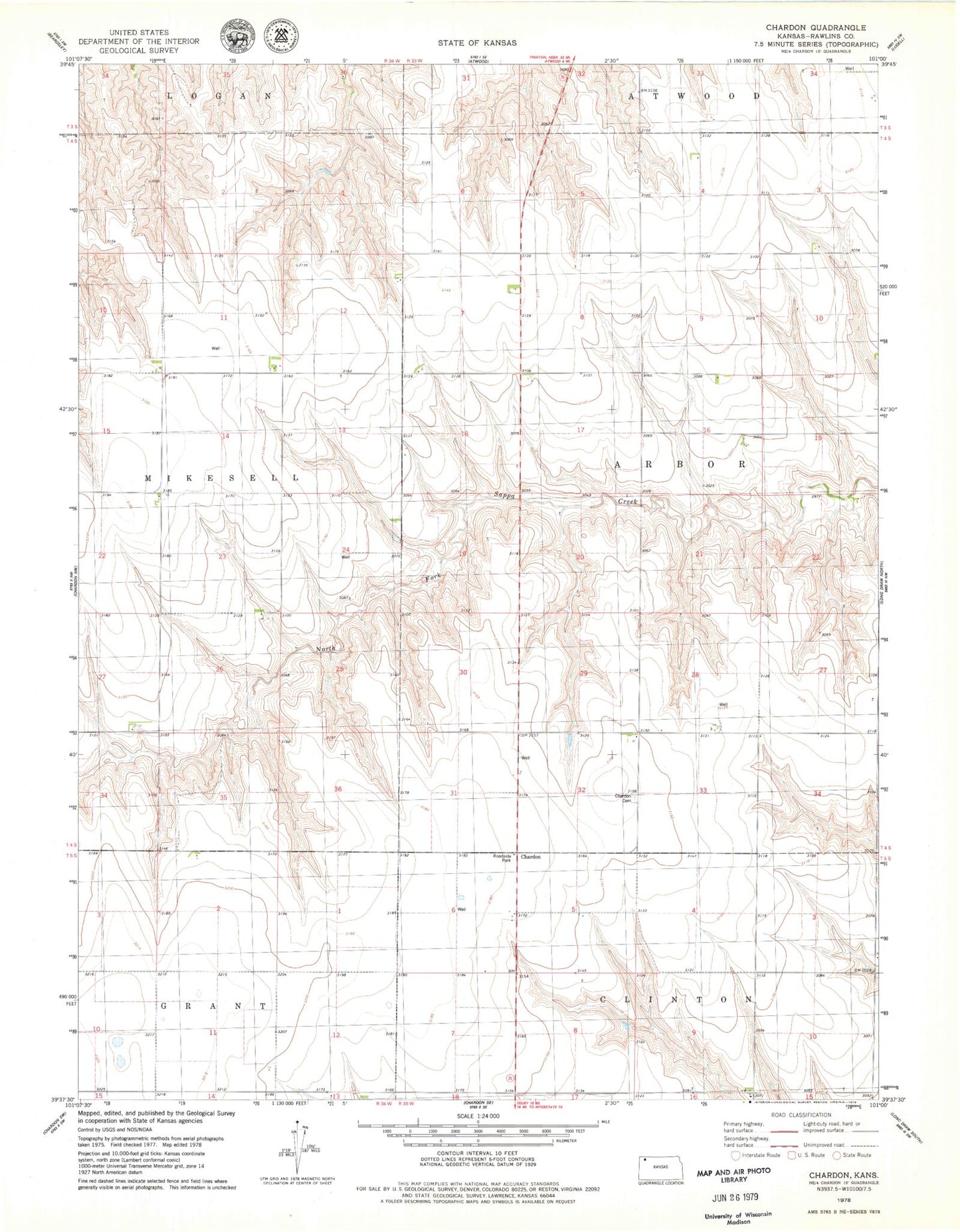Classic USGS Chardon Kansas 7.5'x7.5' Topo Map Image