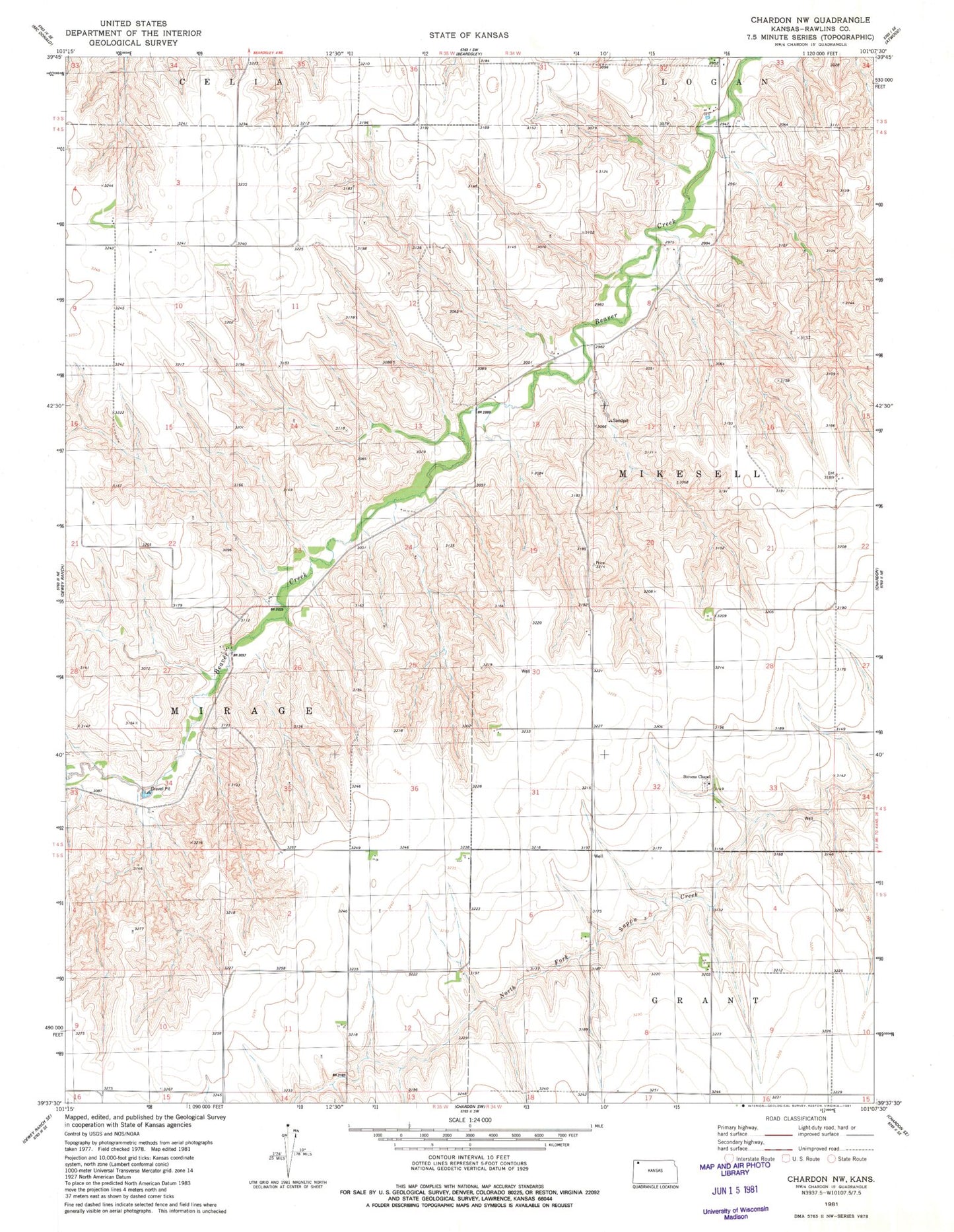 Classic USGS Chardon NW Kansas 7.5'x7.5' Topo Map Image