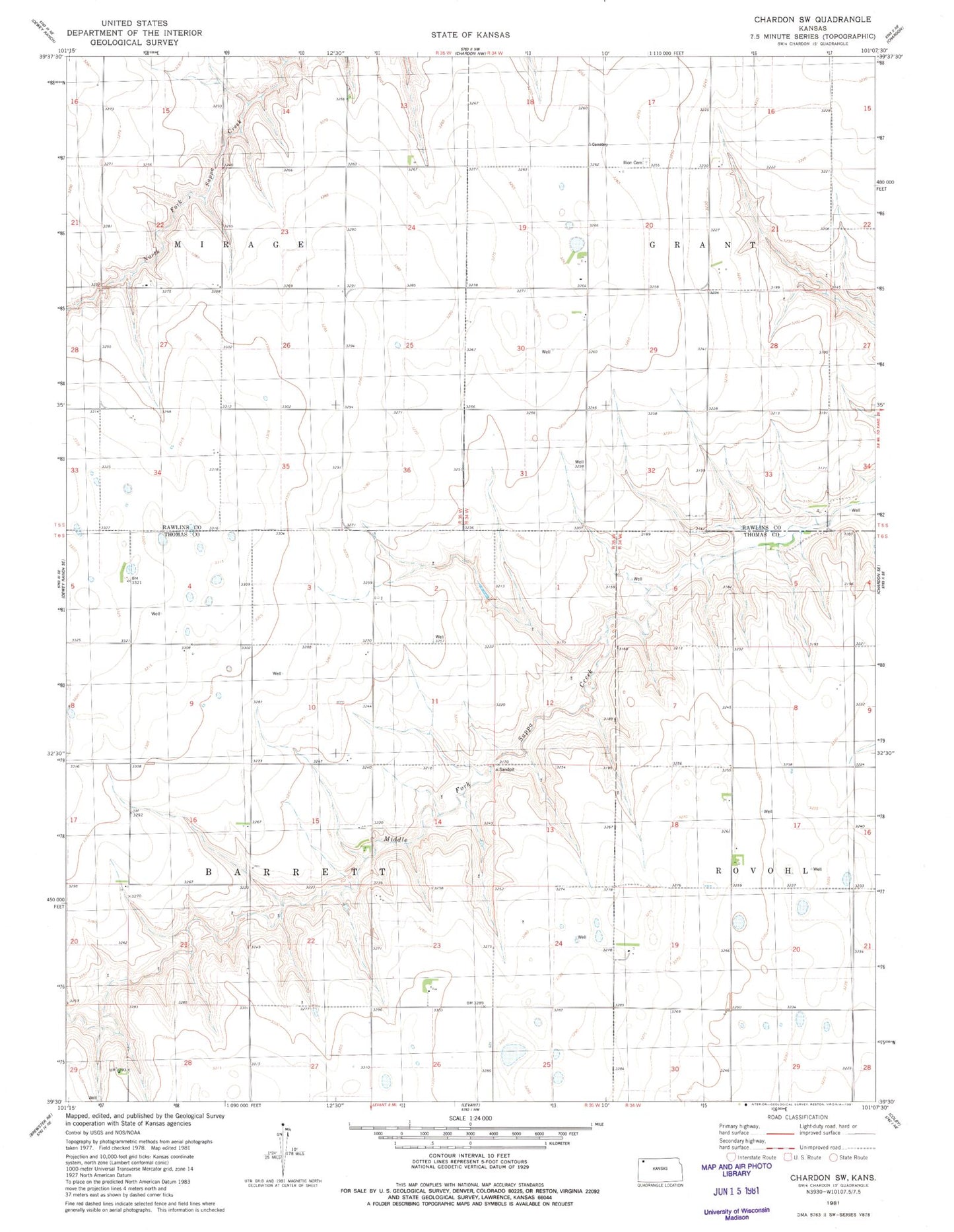Classic USGS Chardon SW Kansas 7.5'x7.5' Topo Map Image