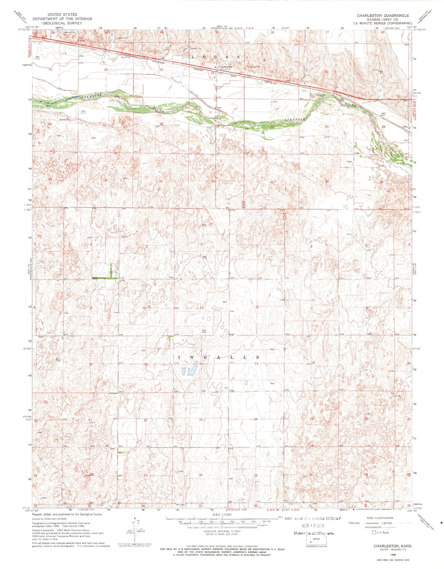 Classic USGS Charleston Kansas 7.5'x7.5' Topo Map Image