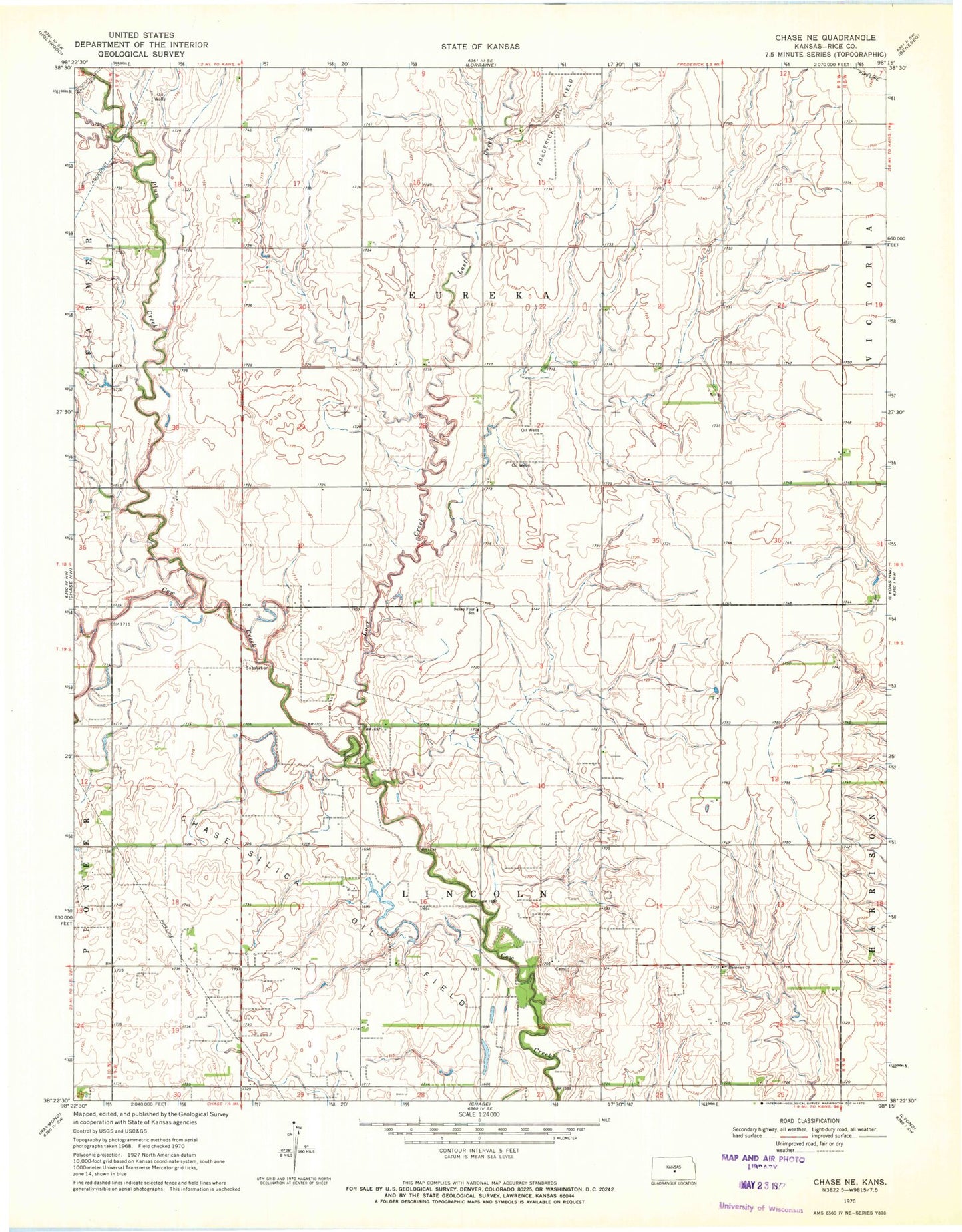Classic USGS Chase NE Kansas 7.5'x7.5' Topo Map Image